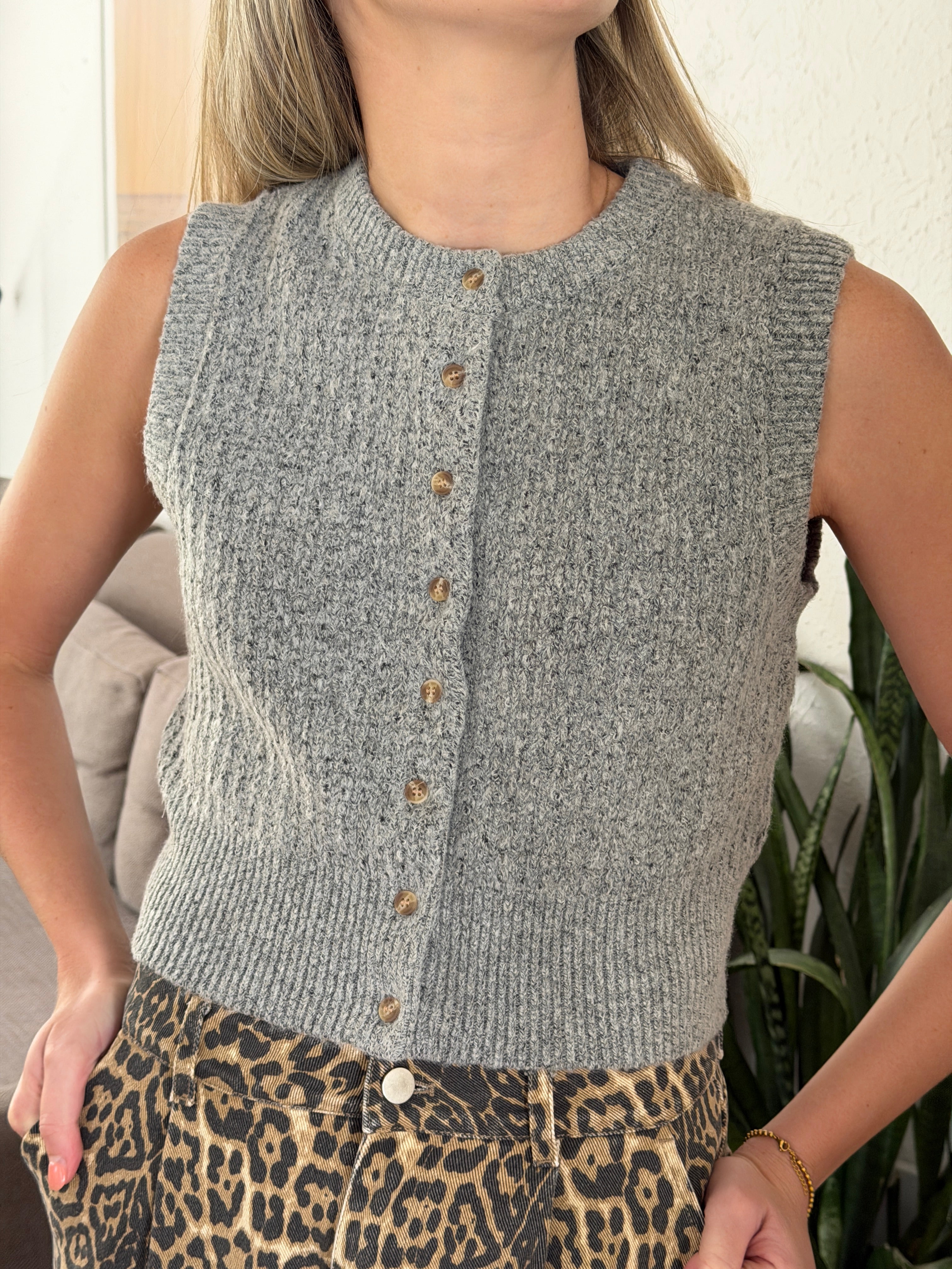 Sutton Knit Buttoned Vest Top (Grey)