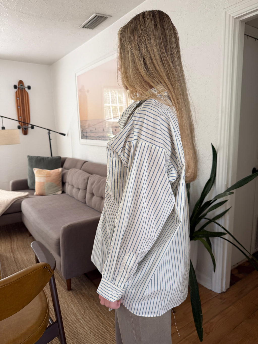 Things Between Sabrina Blue Striped Button Top