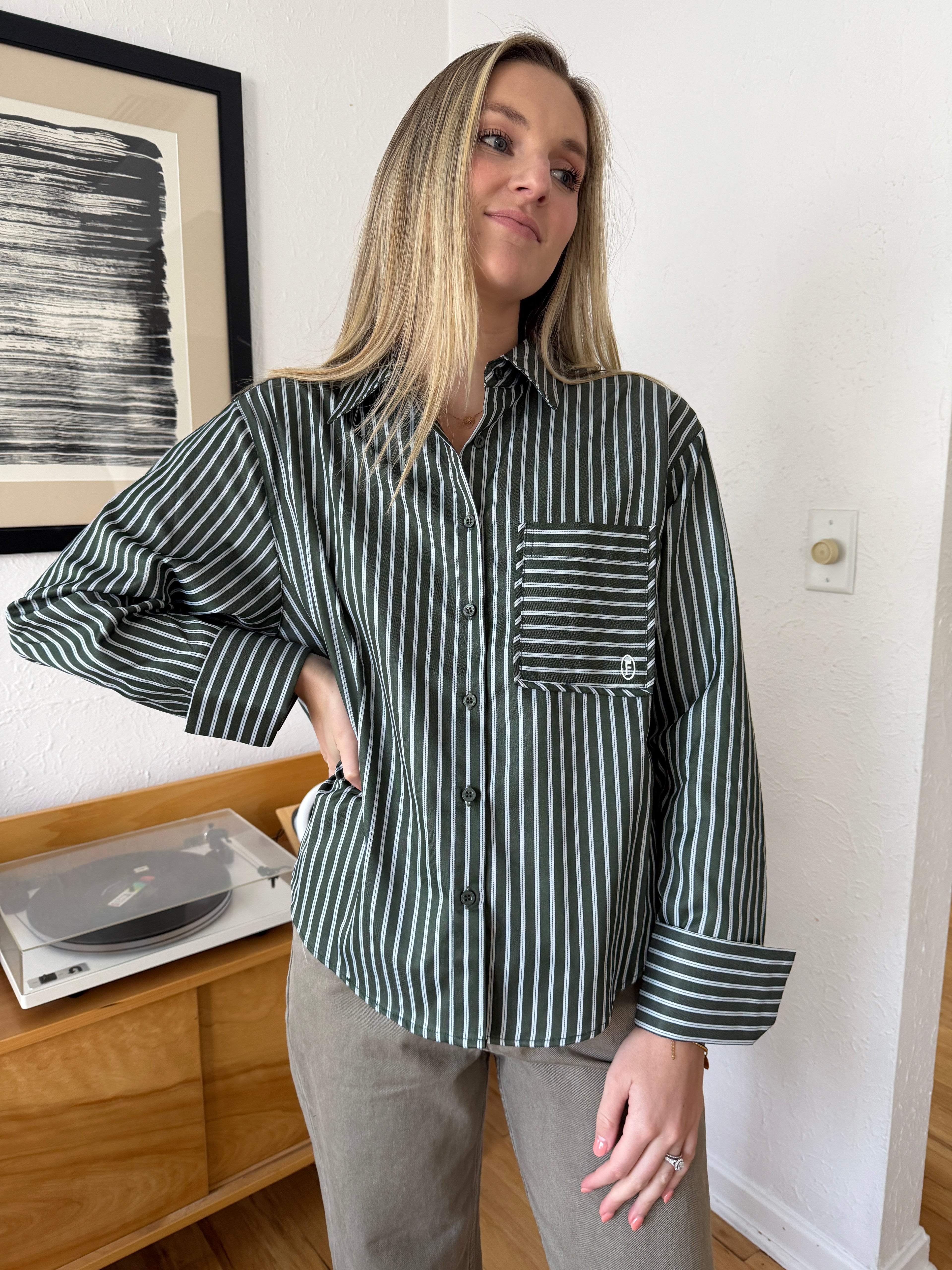FRNCH Chester Green Striped Buttoned Collared Shirt