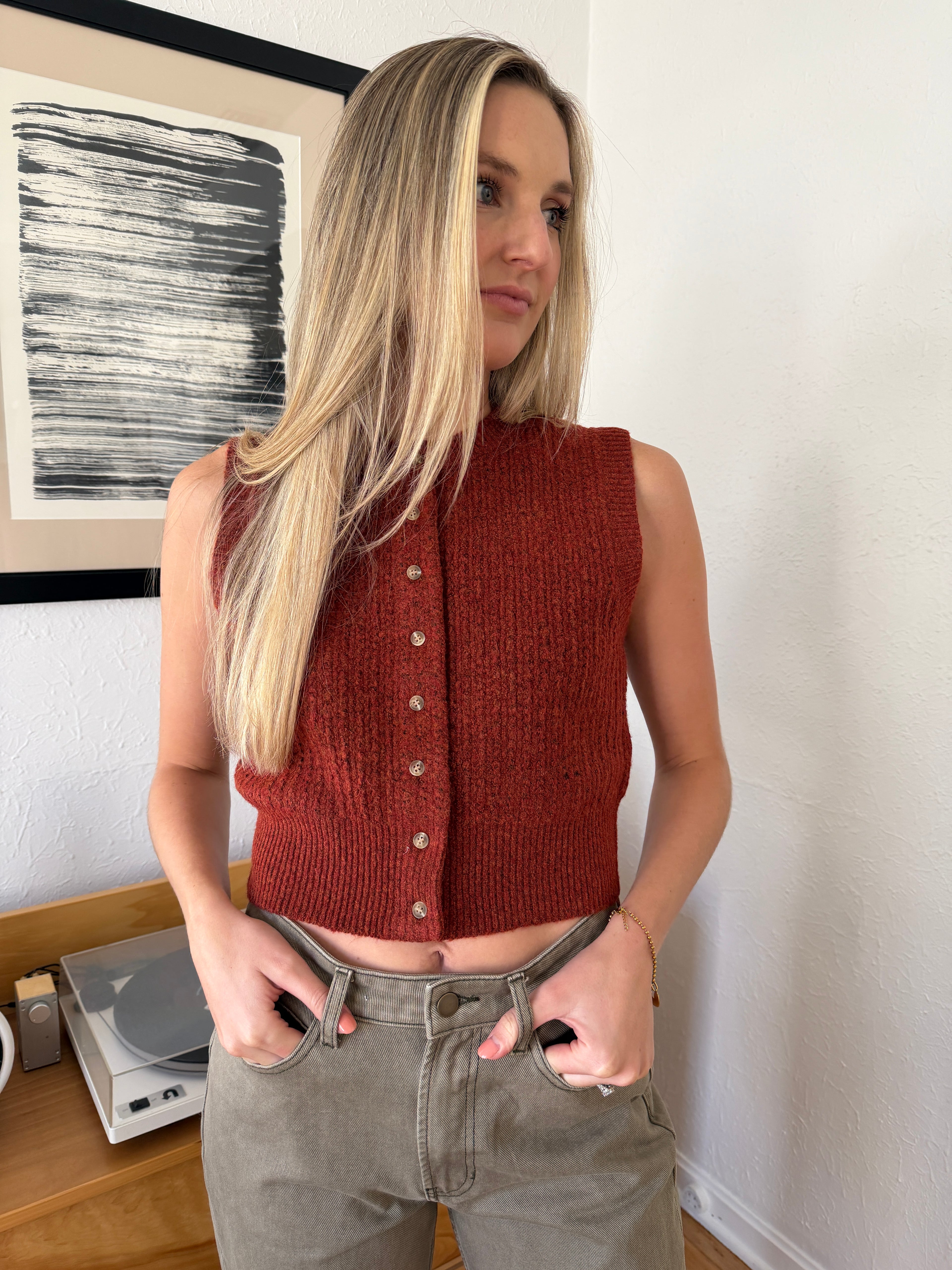 Sutton Knit Buttoned Vest Top (Rust)