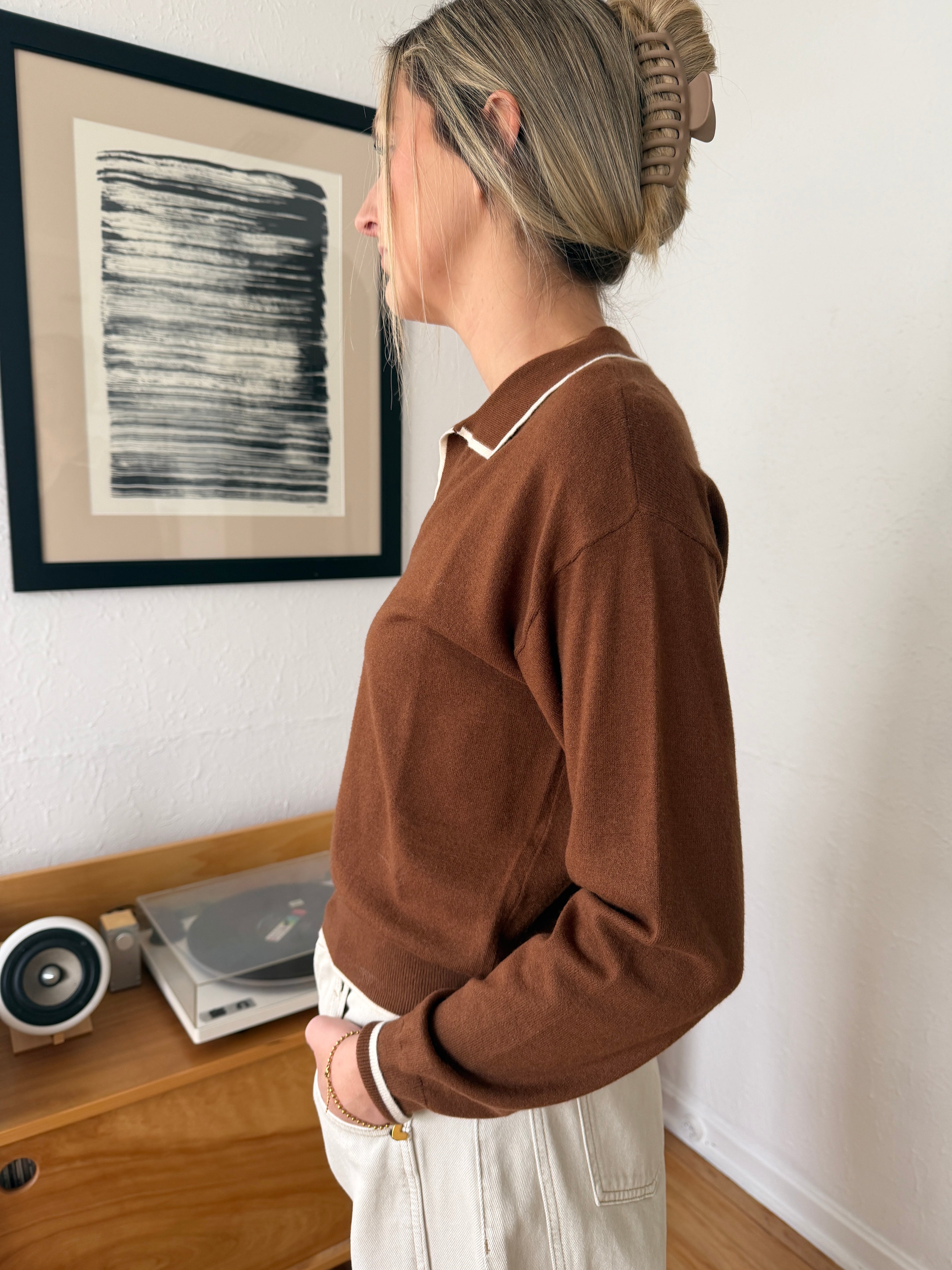 FRNCH Tilly Collared Knit Pullover Sweater Top (Brown)