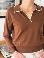 FRNCH Tilly Collared Knit Pullover Sweater Top (Brown)
