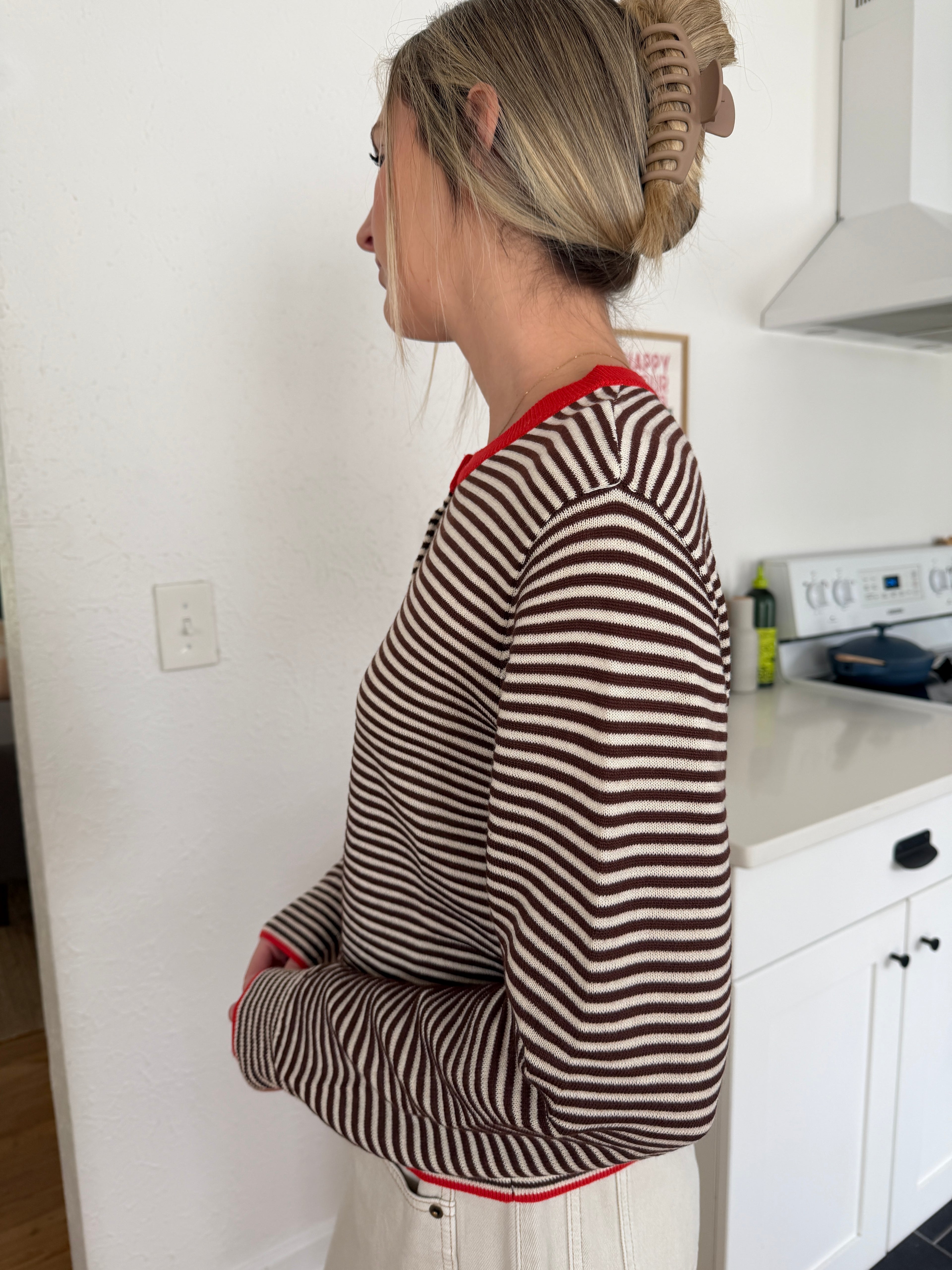 Things Between Talia Brown and Cream Striped Button Sweater