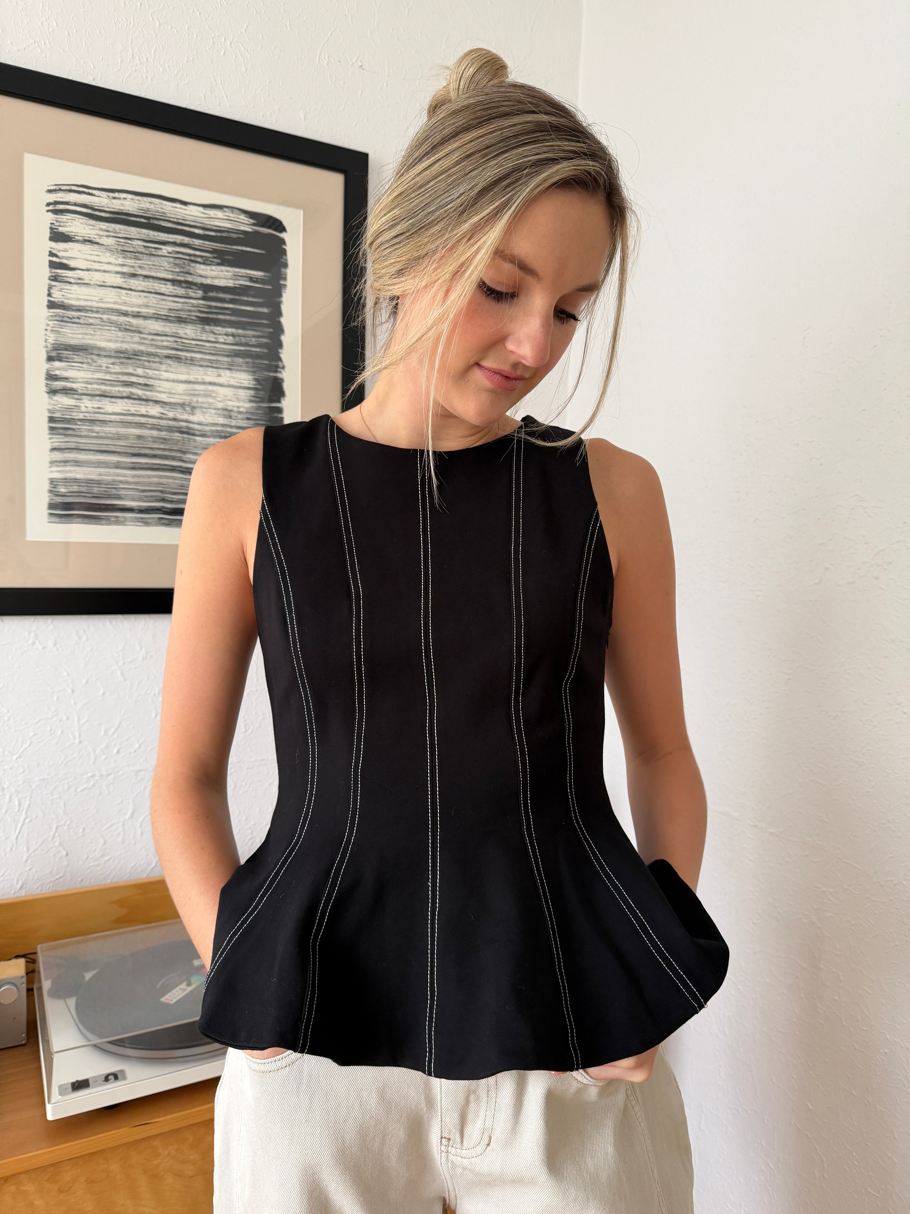 Thea Black Contrast Stitch Peplum Tank Top