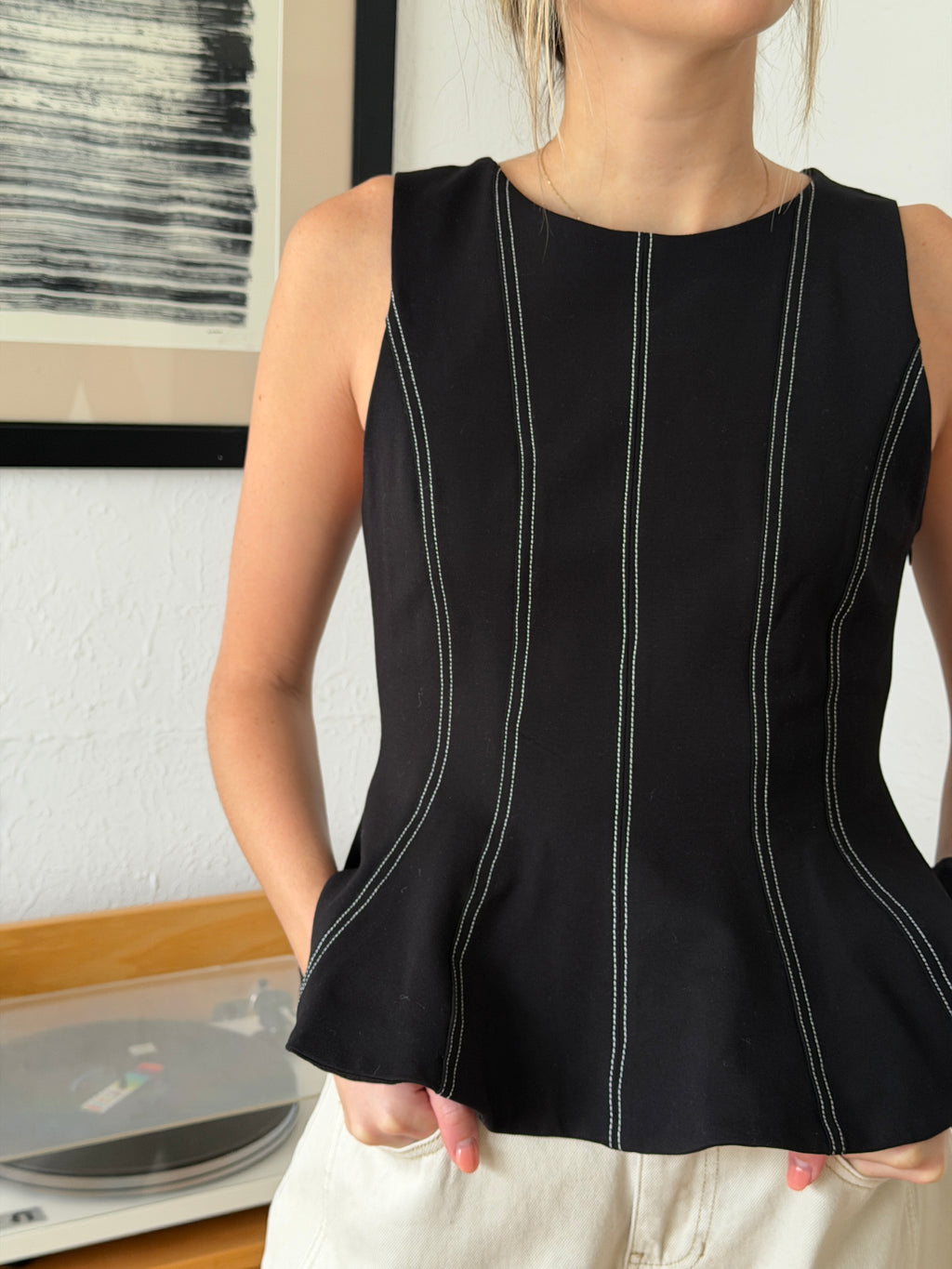 Thea Black Contrast Stitch Peplum Tank Top