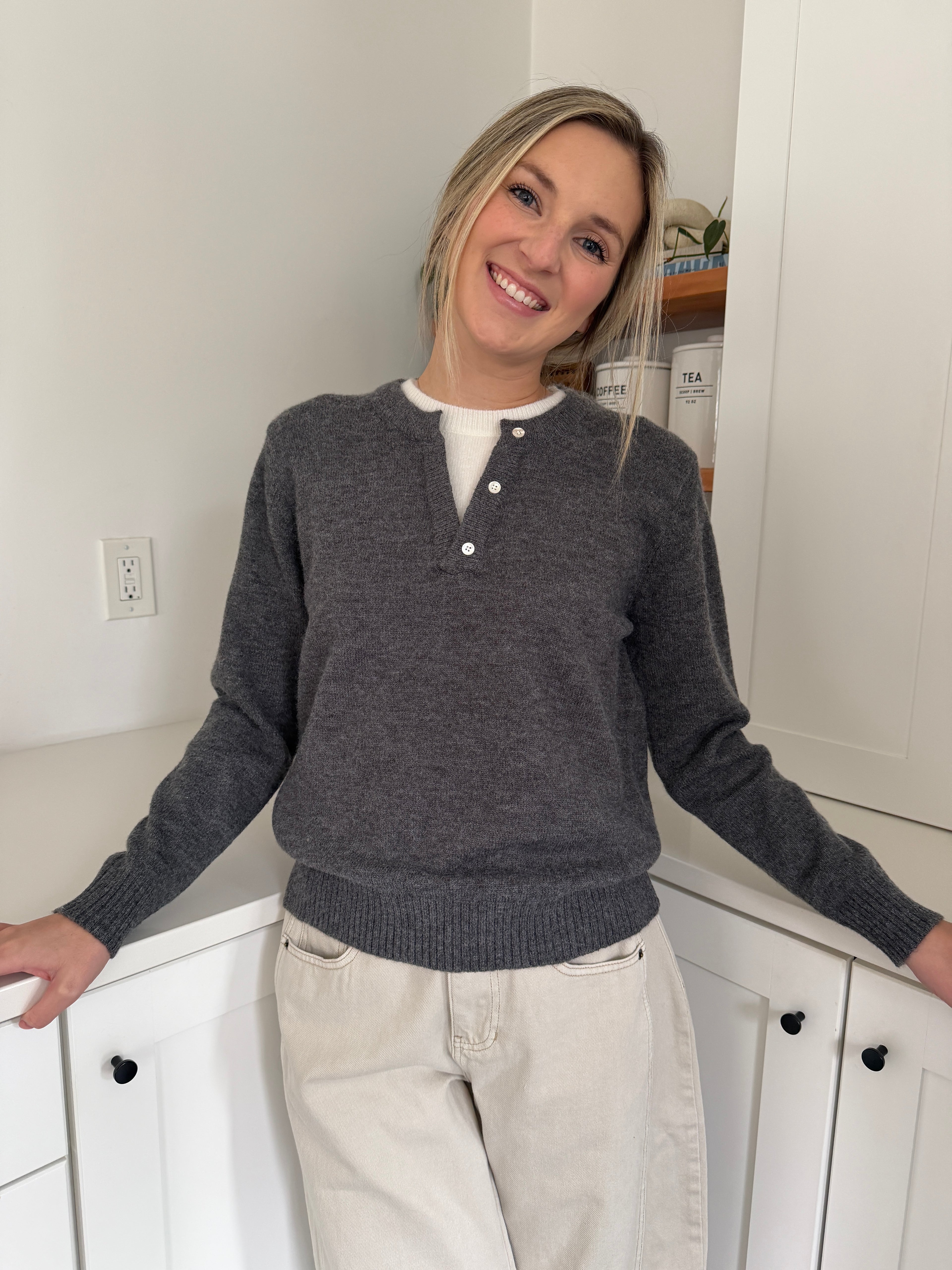 PINCH Theo Knit Pullover Button Detail Sweater (Grey)