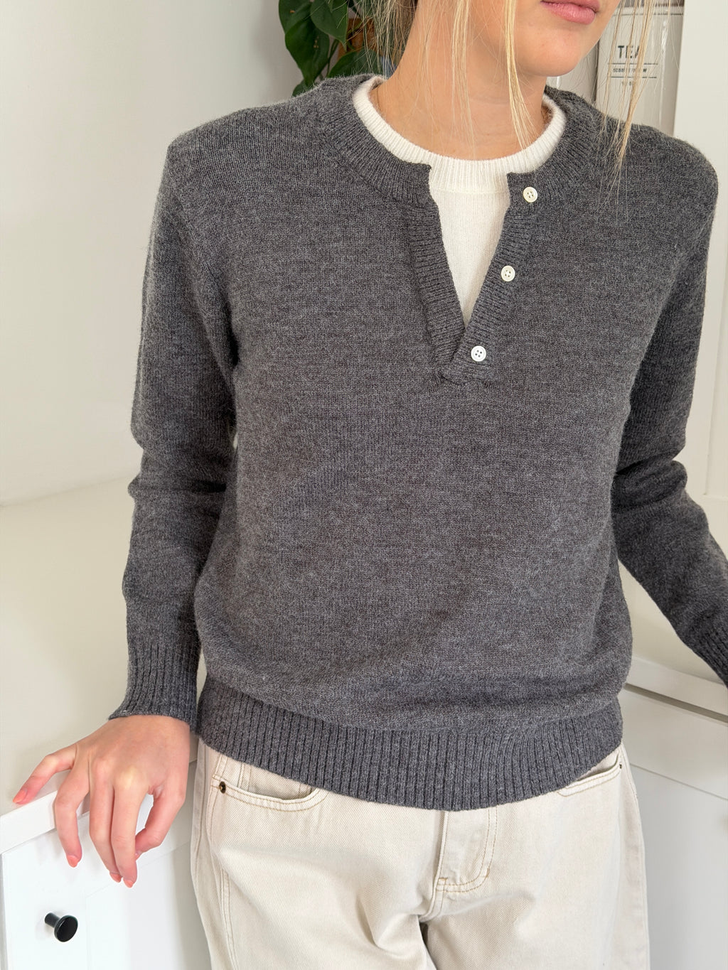 PINCH Theo Knit Pullover Button Detail Sweater (Grey)