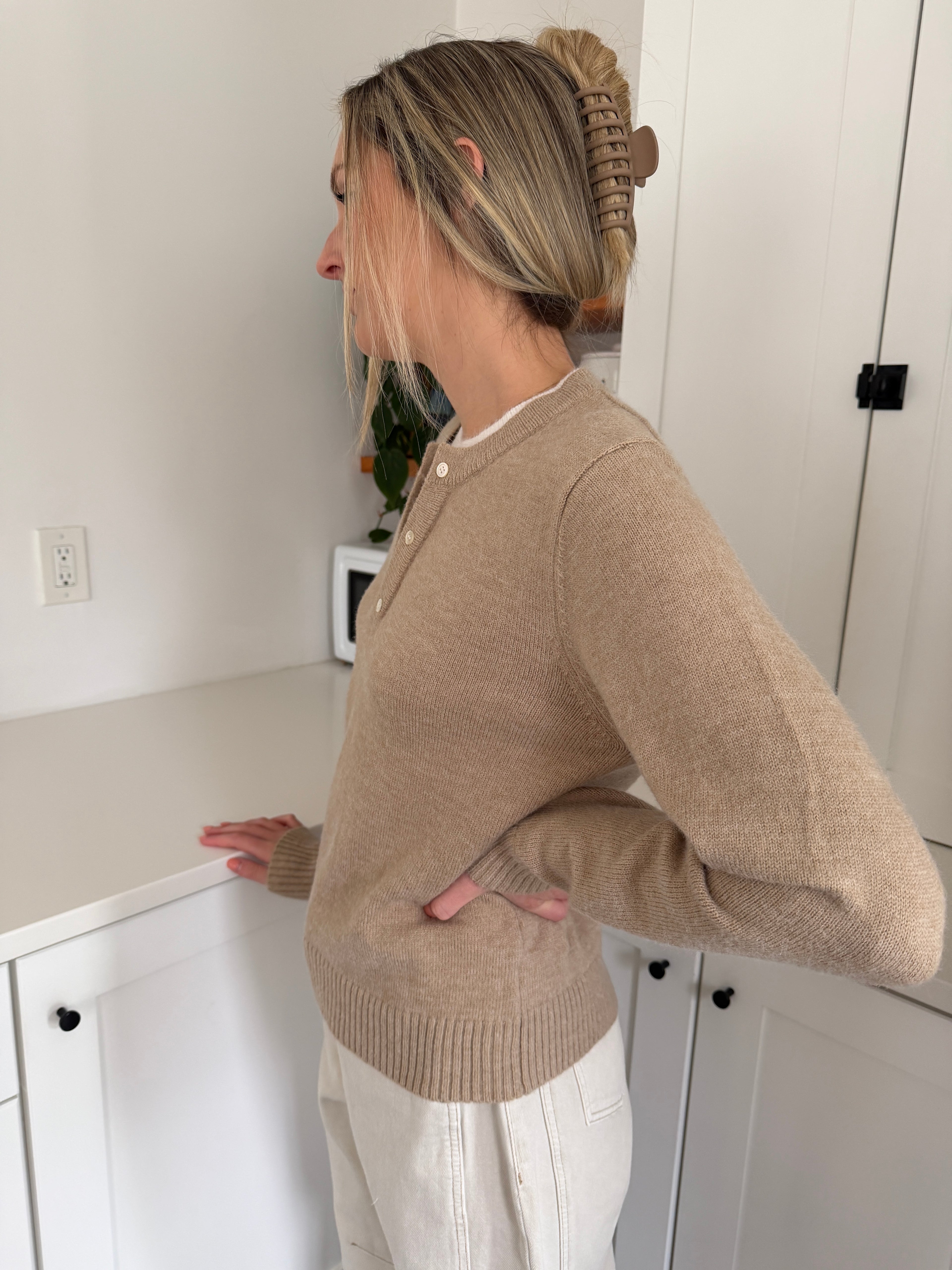 PINCH Theo Knit Pullover Button Detail Sweater (Beige)