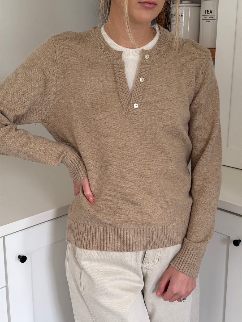PINCH Theo Knit Pullover Button Detail Sweater (Beige)
