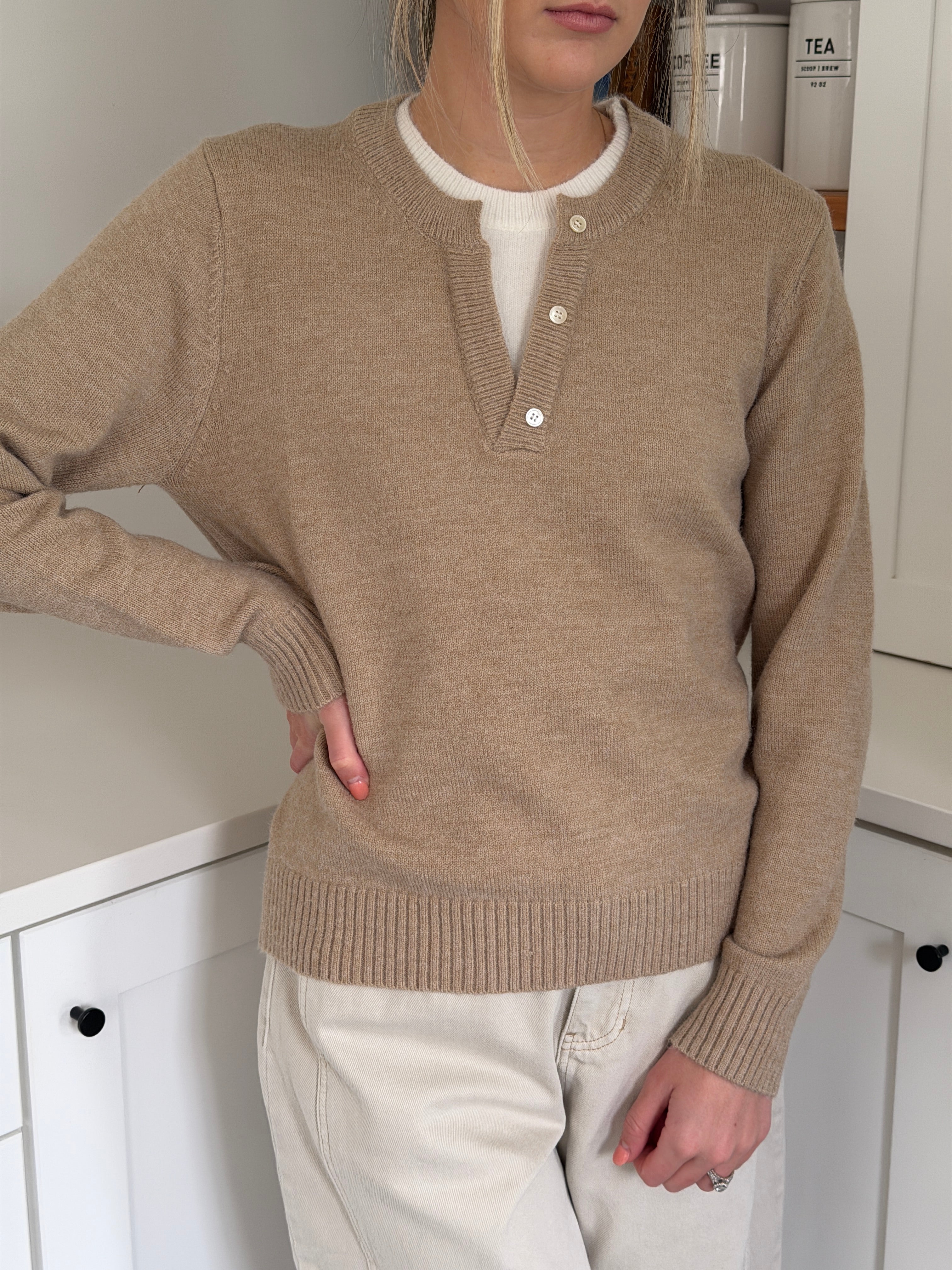 PINCH Theo Knit Pullover Button Detail Sweater (Beige)