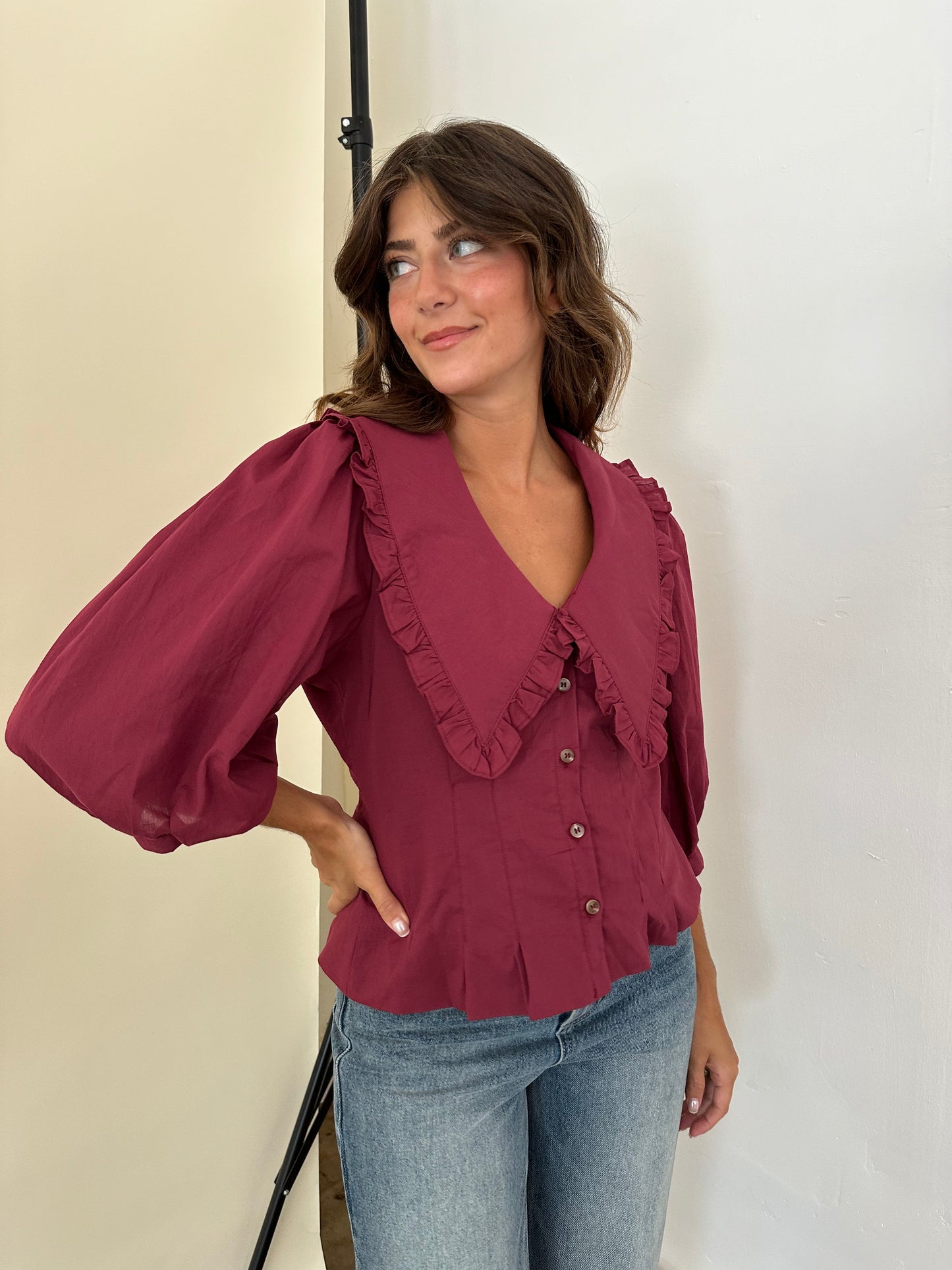 Sofie the Label Maggie Burgundy Button Peasant Top