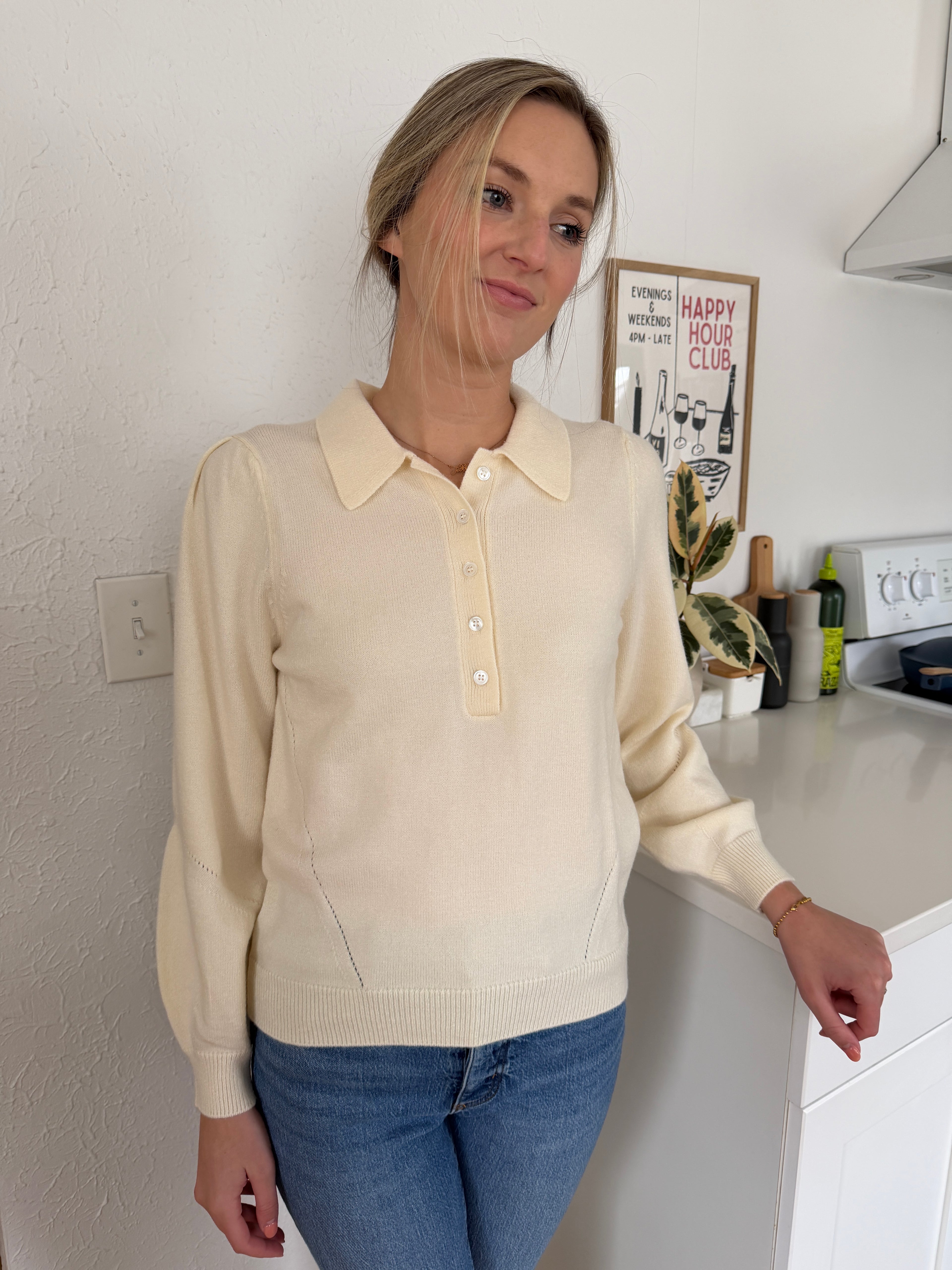 Current Air Teegan Cream Buttoned Collar Pullover Sweater