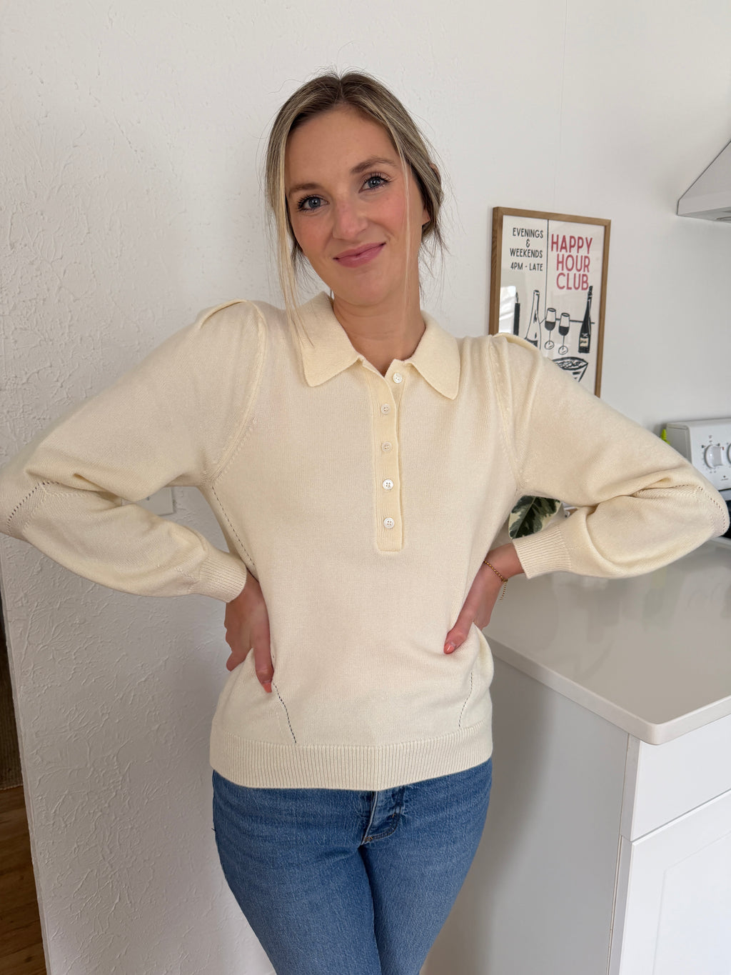 Current Air Teegan Cream Buttoned Collar Pullover Sweater