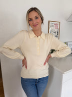 Current Air Teegan Cream Buttoned Collar Pullover Sweater
