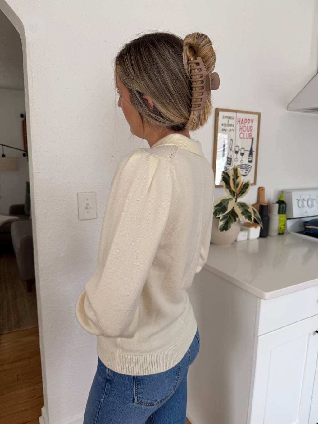 Current Air Teegan Cream Buttoned Collar Pullover Sweater