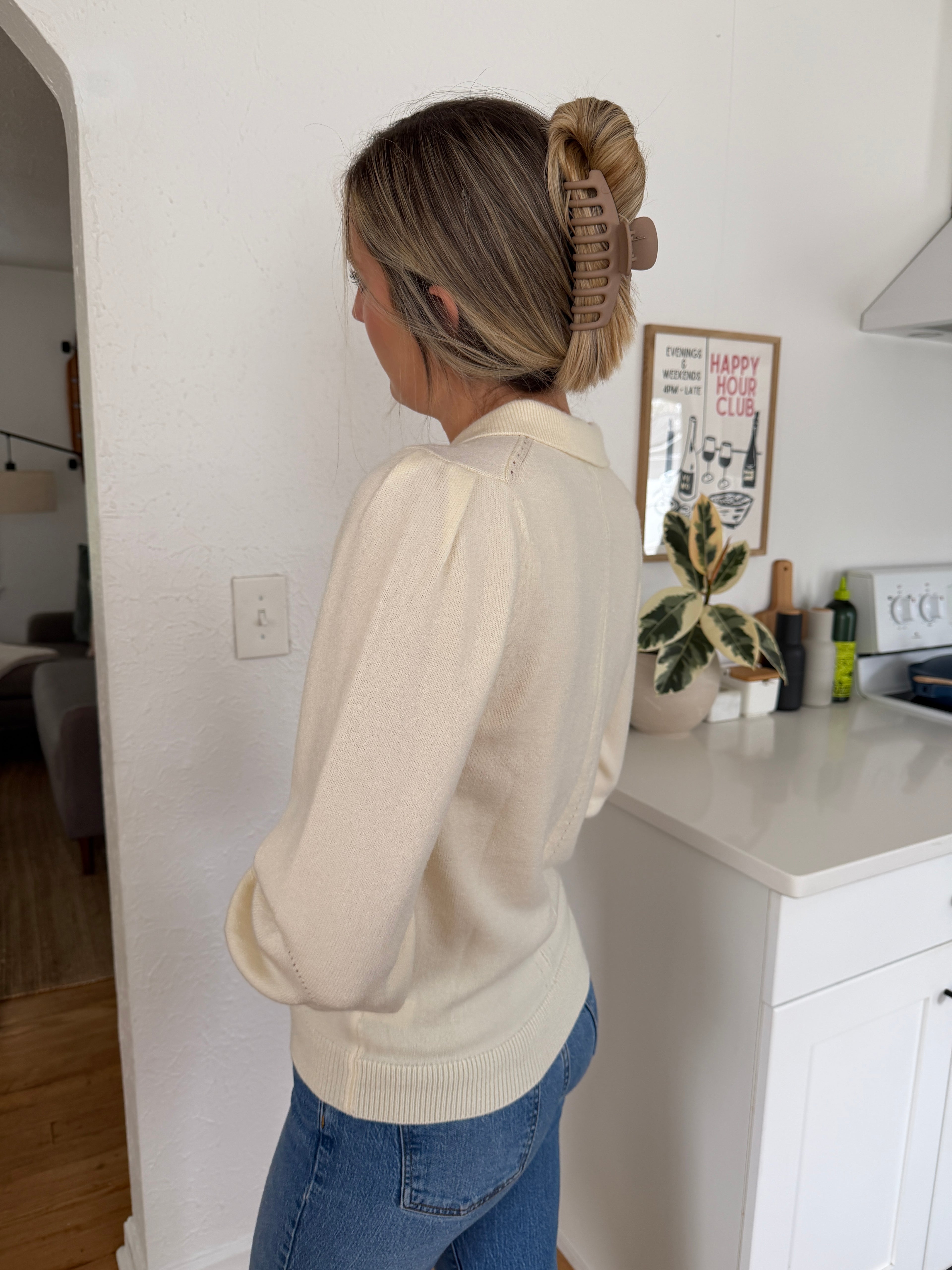 Current Air Teegan Cream Buttoned Collar Pullover Sweater