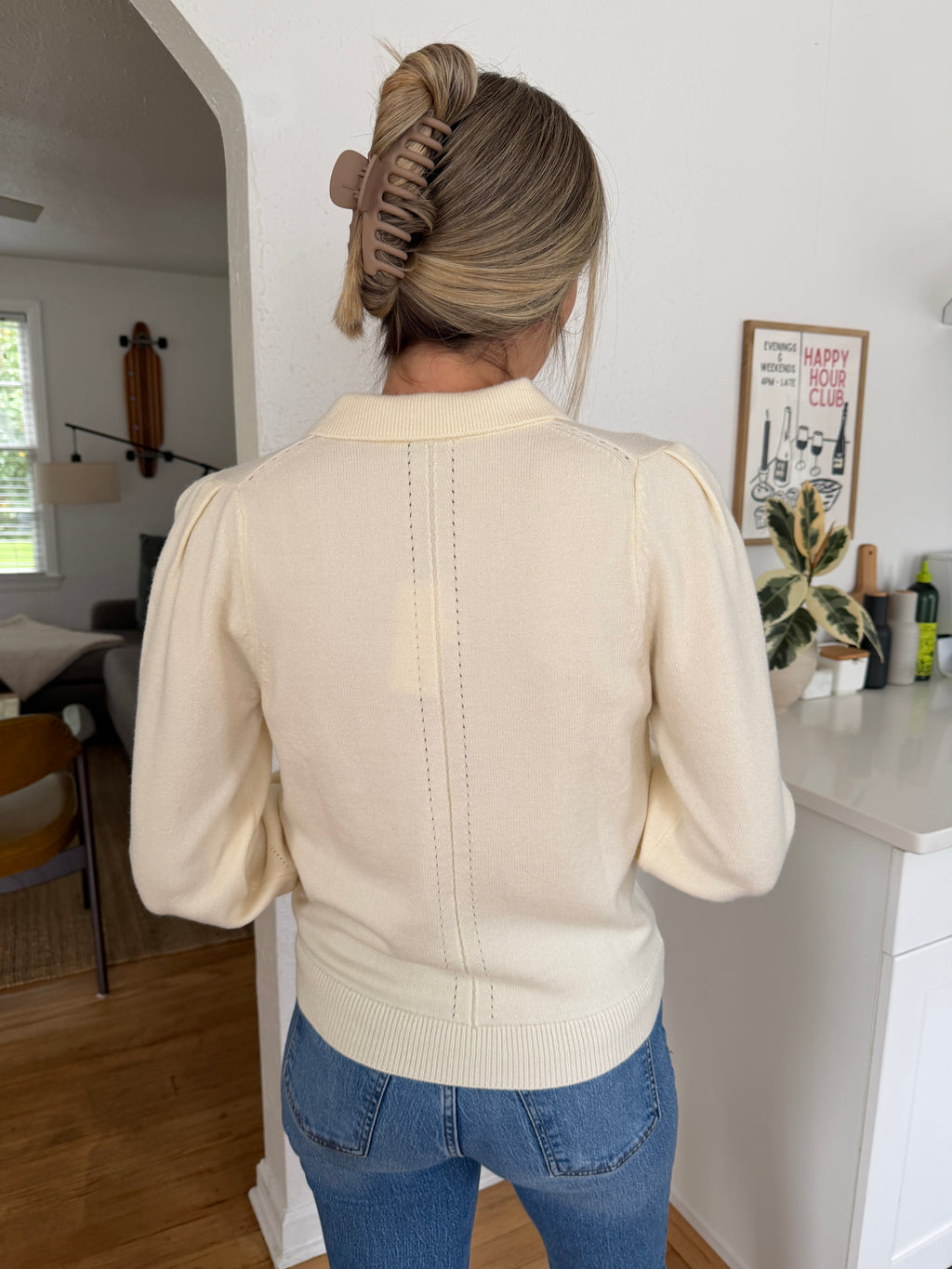 Current Air Teegan Cream Buttoned Collar Pullover Sweater