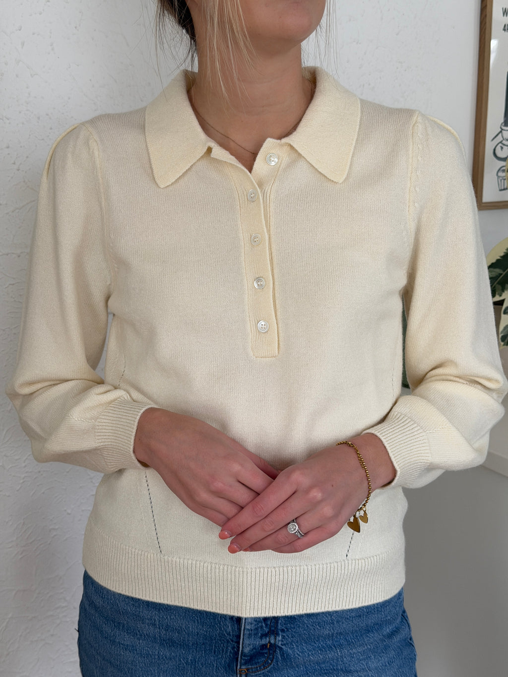 Current Air Teegan Cream Buttoned Collar Pullover Sweater