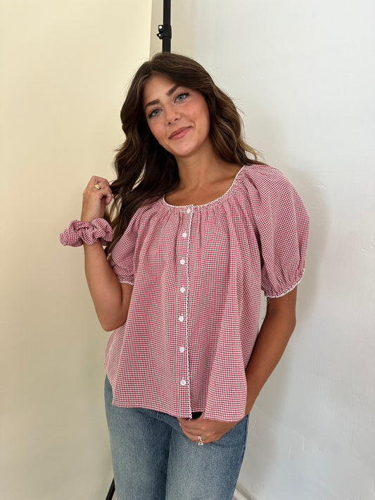 Things Between Fae Red Gingham Puff Sleeve Buttoned Top