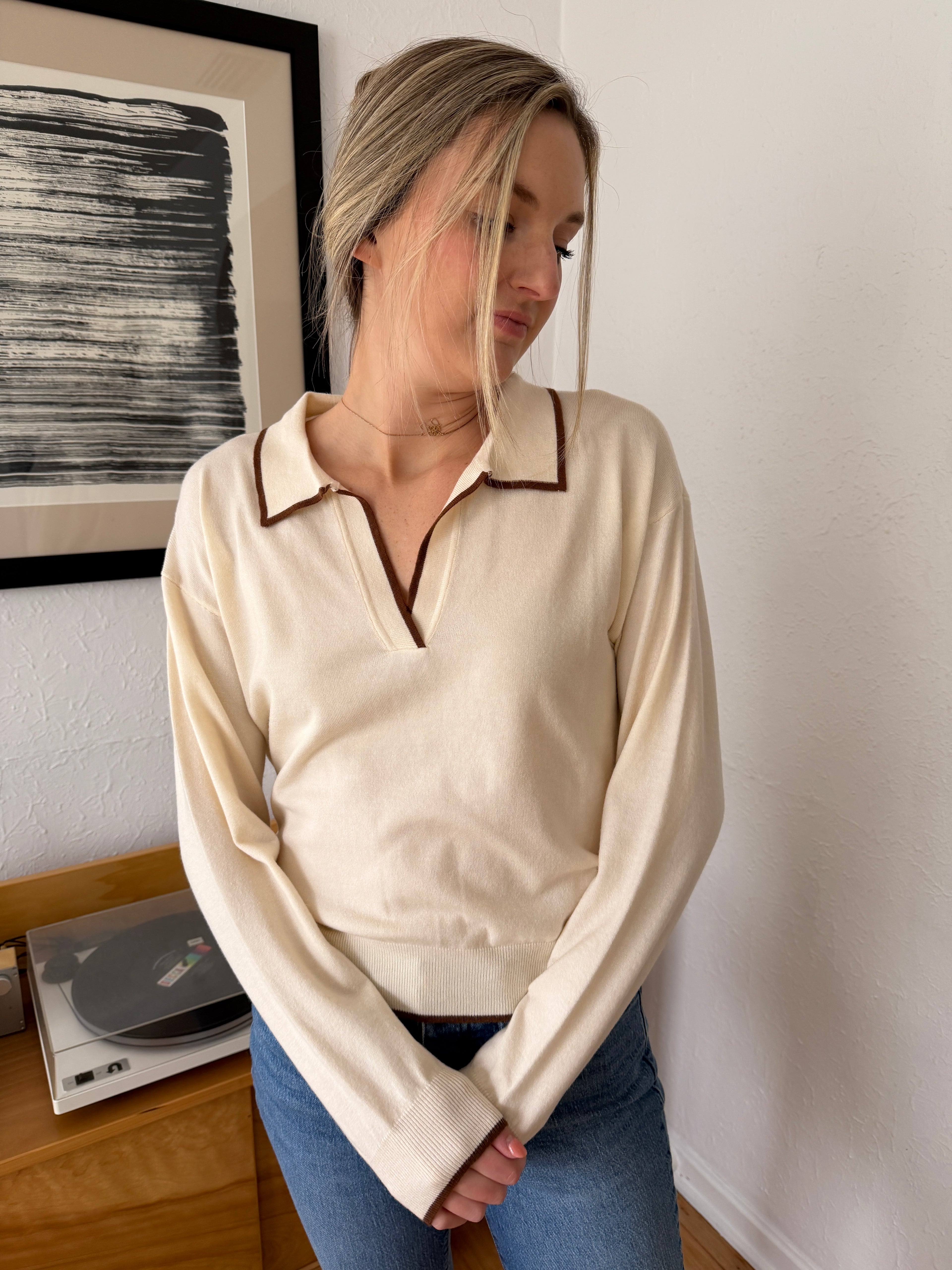 FRNCH Tilly Collared Knit Pullover Sweater Top (Cream)