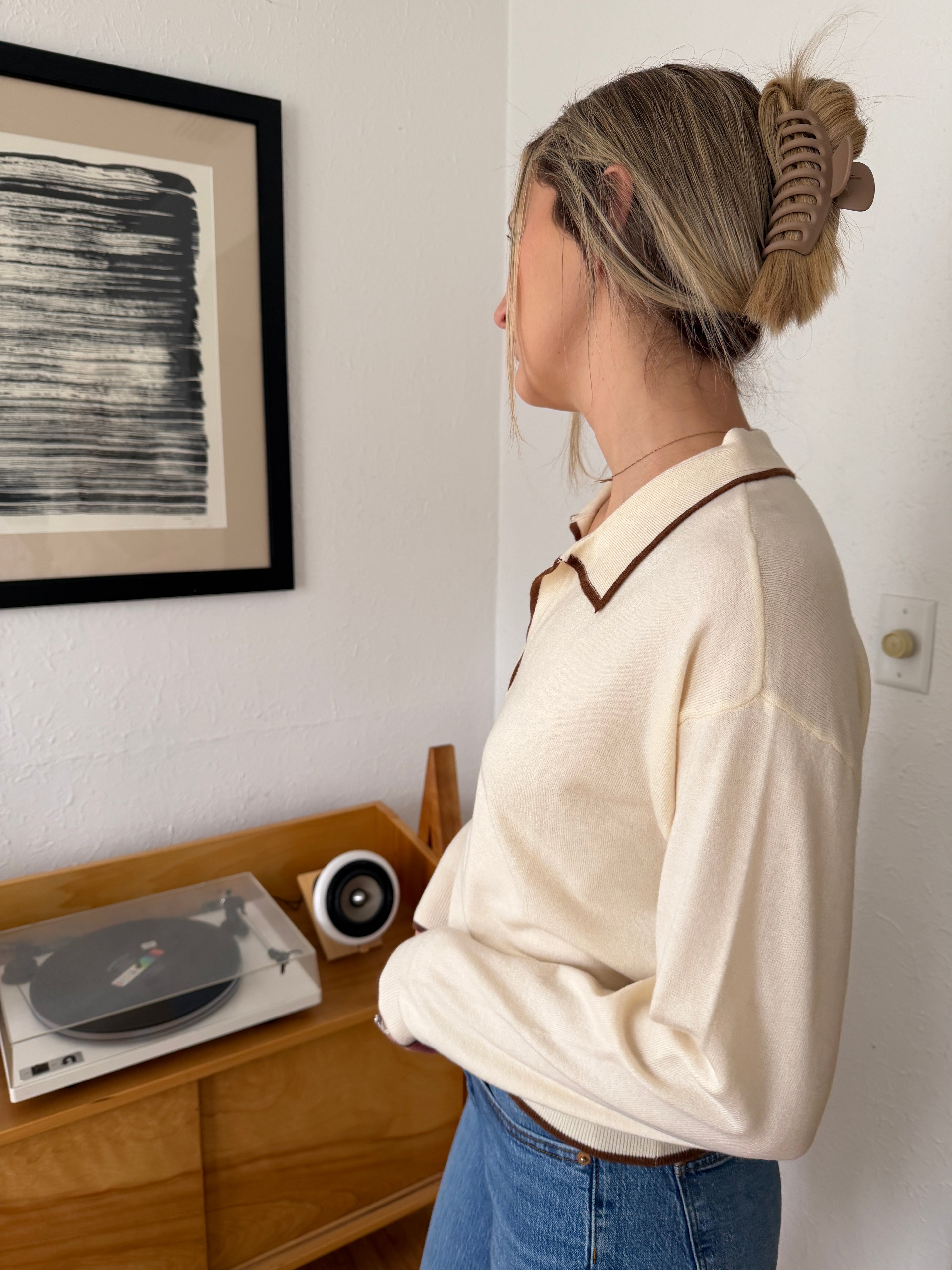 FRNCH Tilly Collared Knit Pullover Sweater Top (Cream)