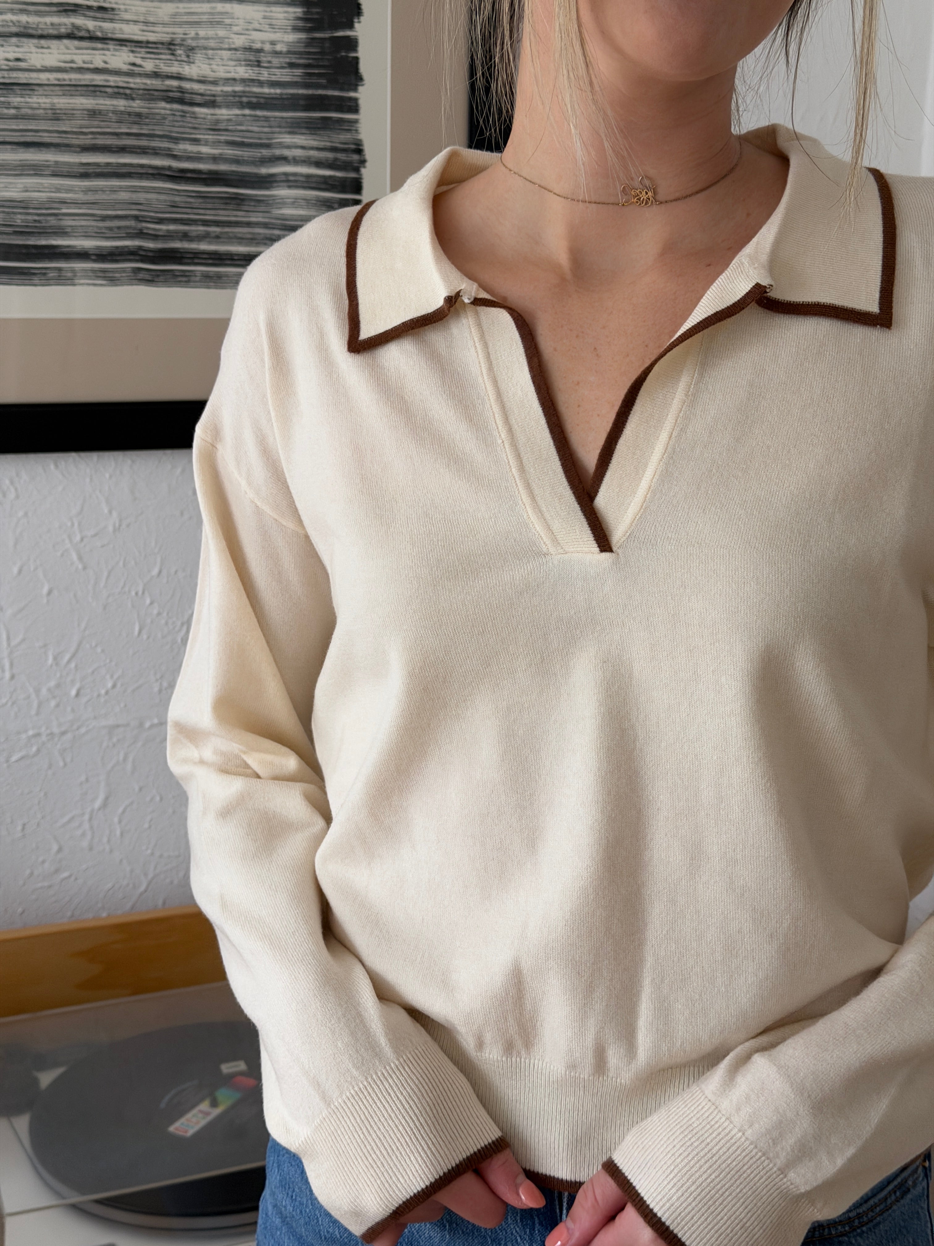 FRNCH Tilly Collared Knit Pullover Sweater Top (Cream)