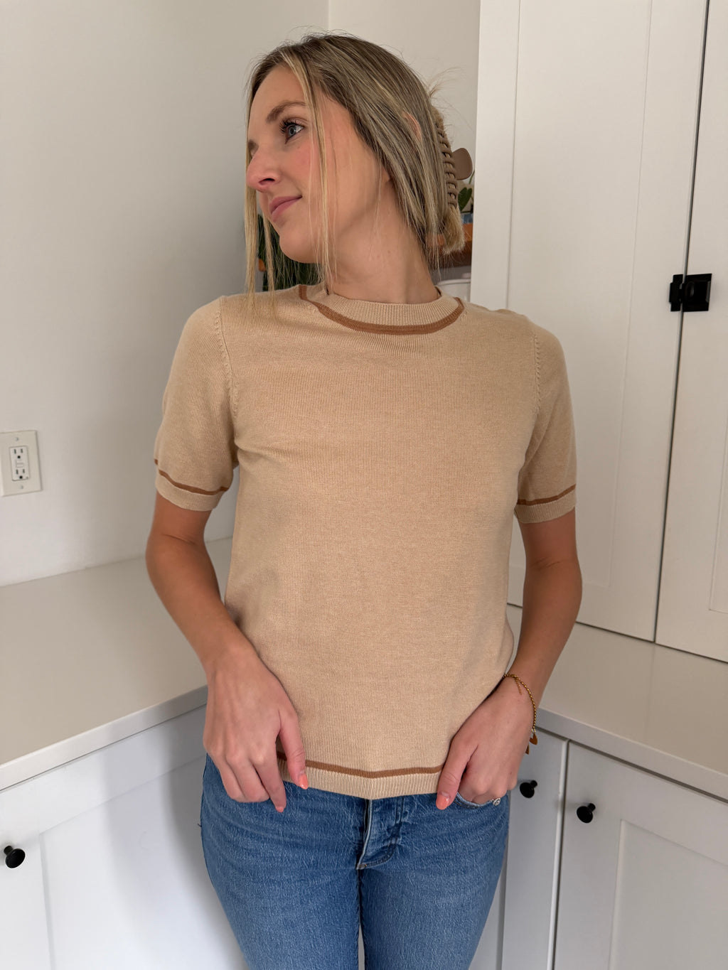 PINCH Tessa Beige Wool Knit Short Sleeve Top