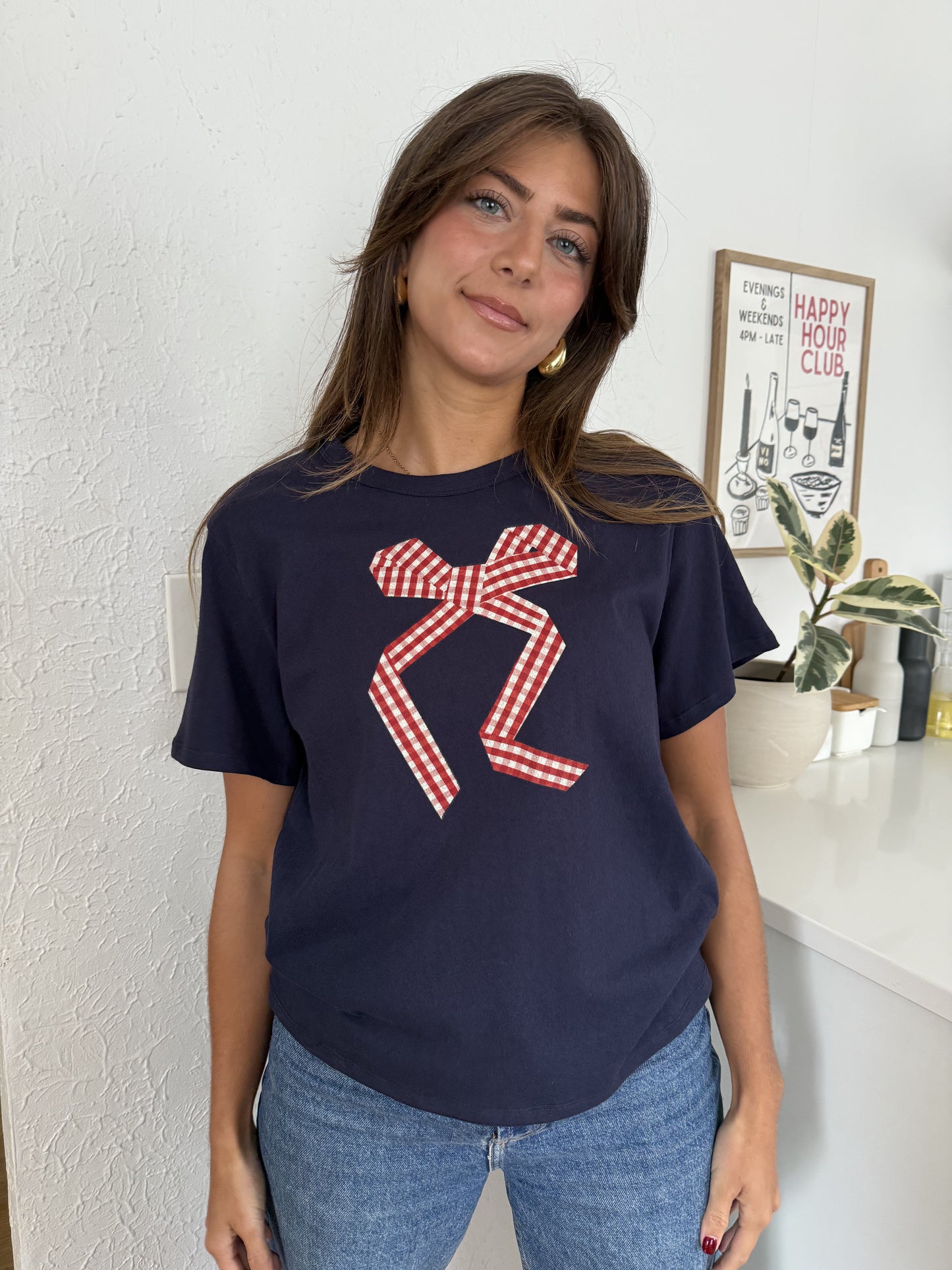 Things Between Gia Gingham Bow Print T-Shirt (Navy) M