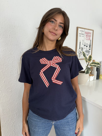 Things Between Gia Gingham Bow Print T-Shirt (Navy) M