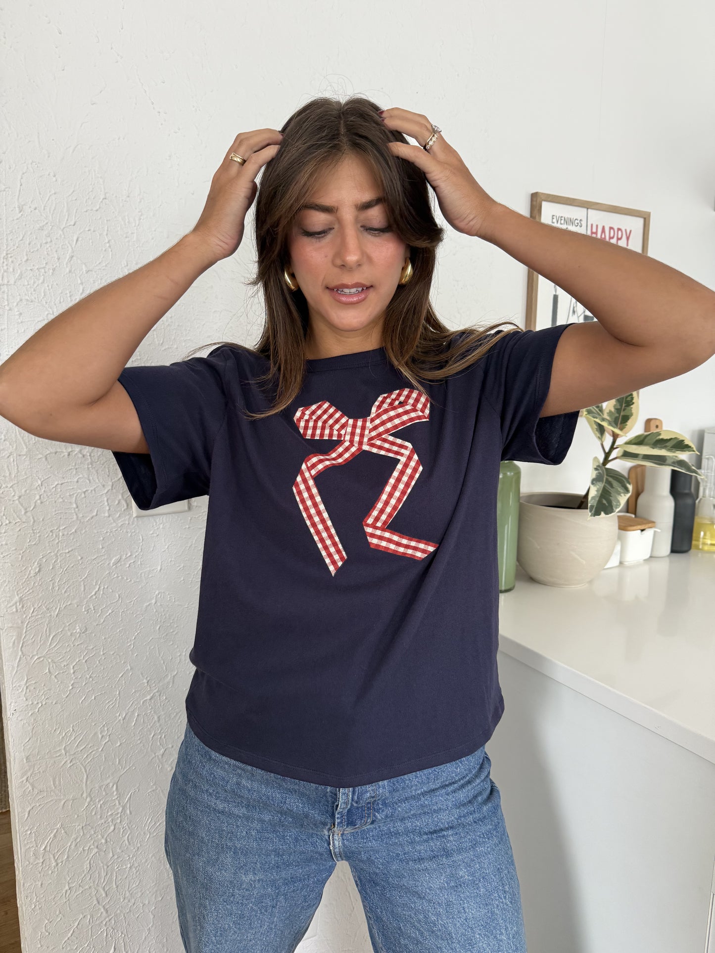 Things Between Gia Gingham Bow Print T-Shirt (Navy) M