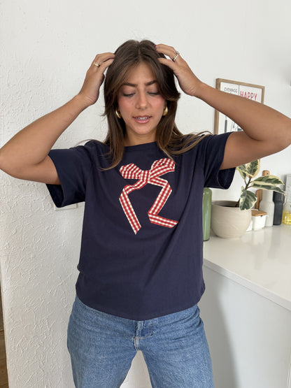 Things Between Gia Gingham Bow Print T-Shirt (Navy) M
