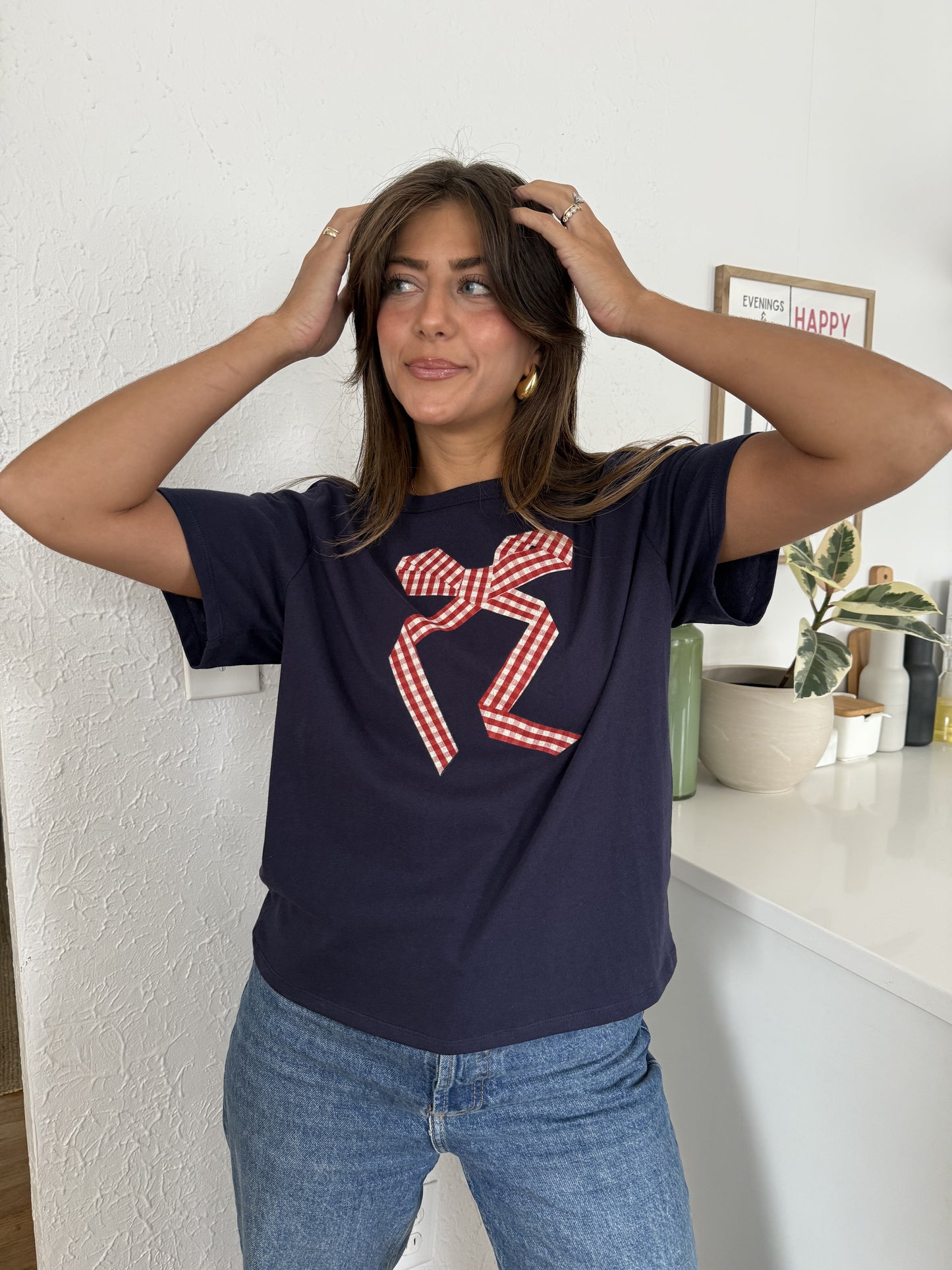 Things Between Gia Gingham Bow Print T-Shirt (Navy) M