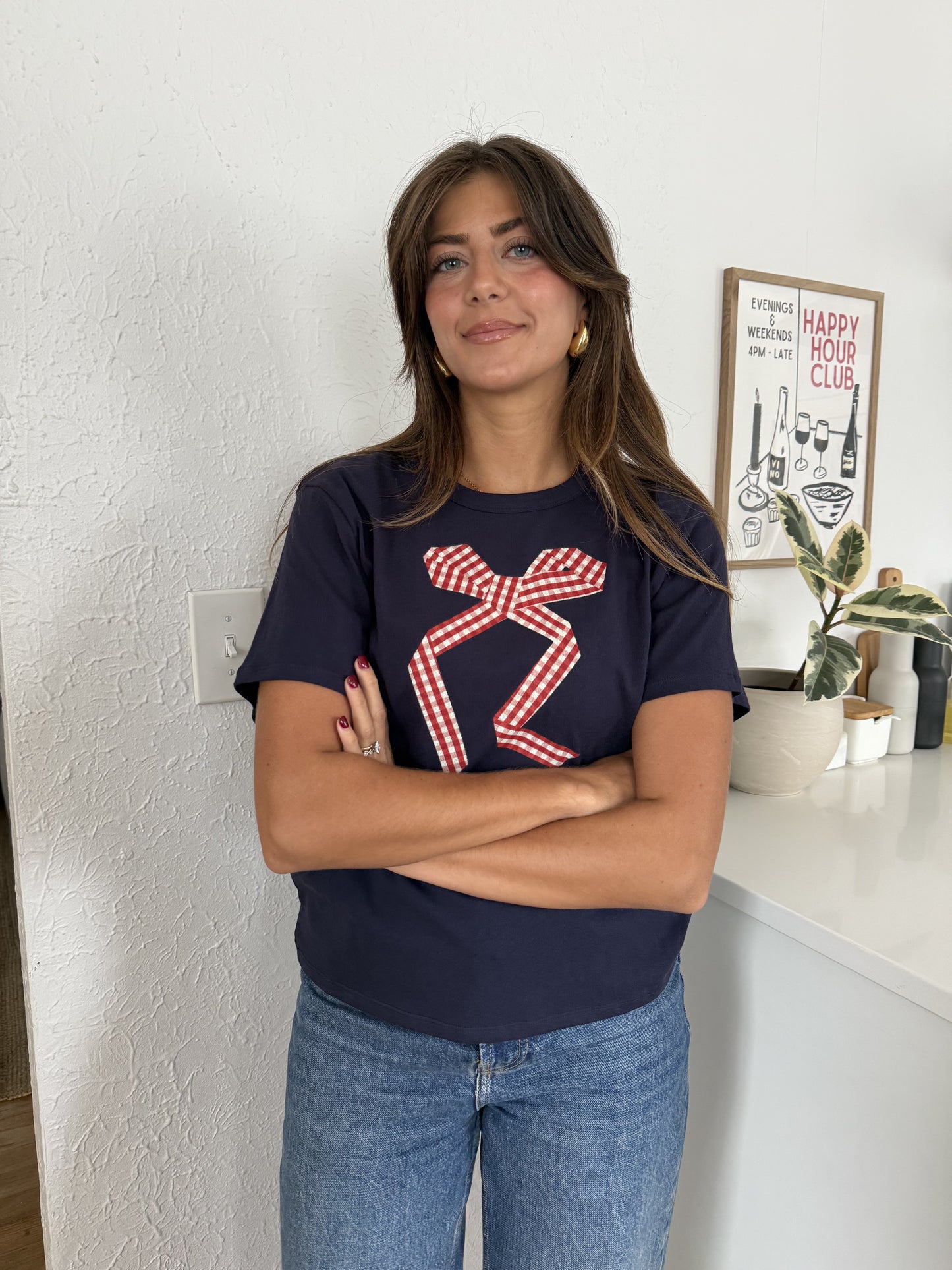 Things Between Gia Gingham Bow Print T-Shirt (Navy) M