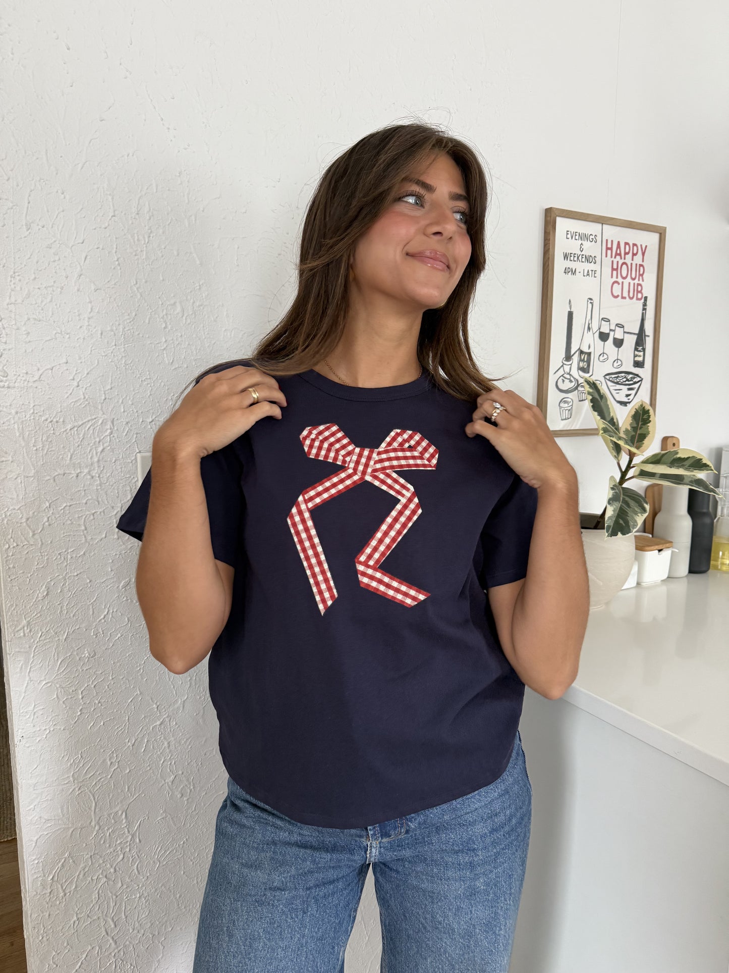 Things Between Gia Gingham Bow Print T-Shirt (Navy) M