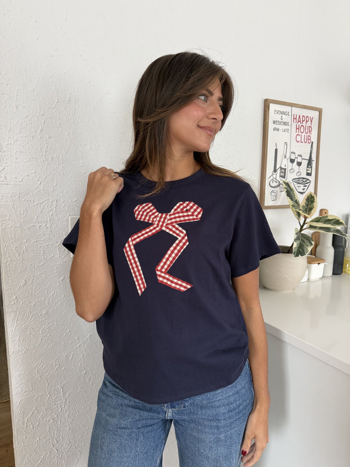 Things Between Gia Gingham Bow Print T-Shirt (Navy) M