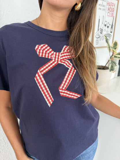 Things Between Gia Gingham Bow Print T-Shirt (Navy) M