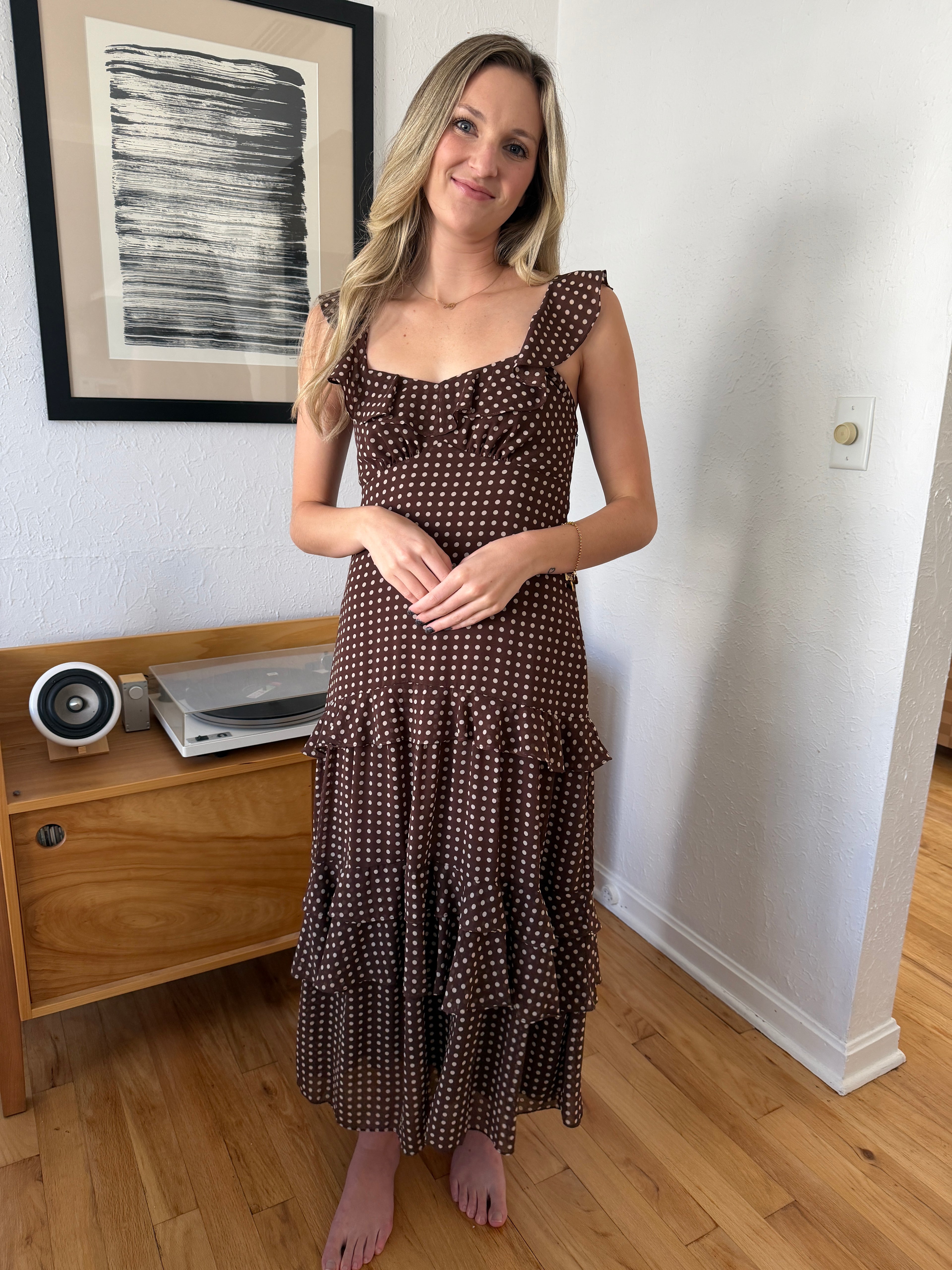 Lucy Paris Cassandra Brown Polka Dot Tiered Midi Dress Momni Boutique Lucy Paris Cassandra Brown Polka Dot Tiered Midi Dress Momni Boutique