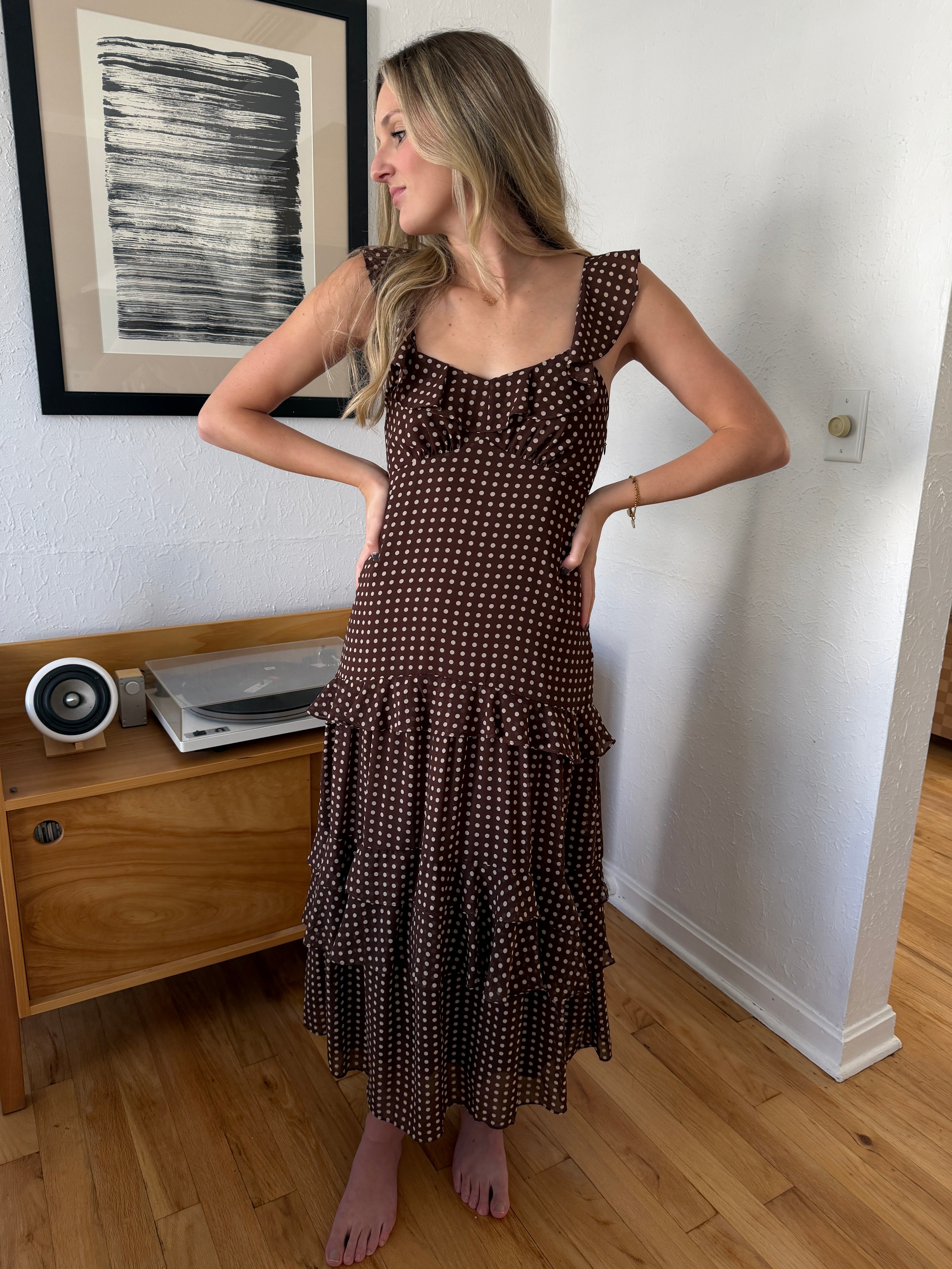 Lucy Paris Cassandra Brown Polka Dot Tiered Midi Dress