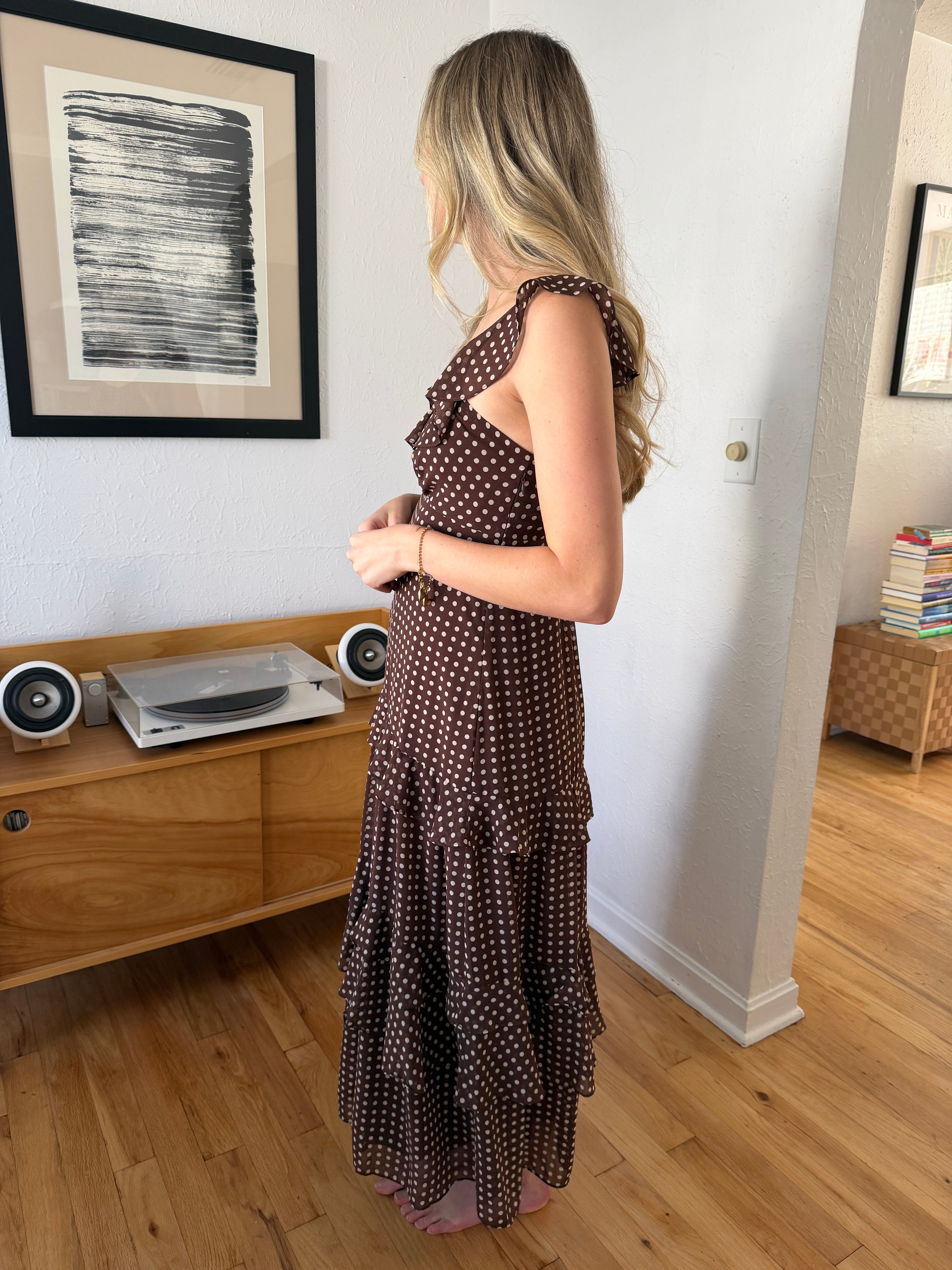 Lucy Paris Cassandra Brown Polka Dot Tiered Midi Dress Momni Boutique Lucy Paris Cassandra Brown Polka Dot Tiered Midi Dress Momni Boutique
