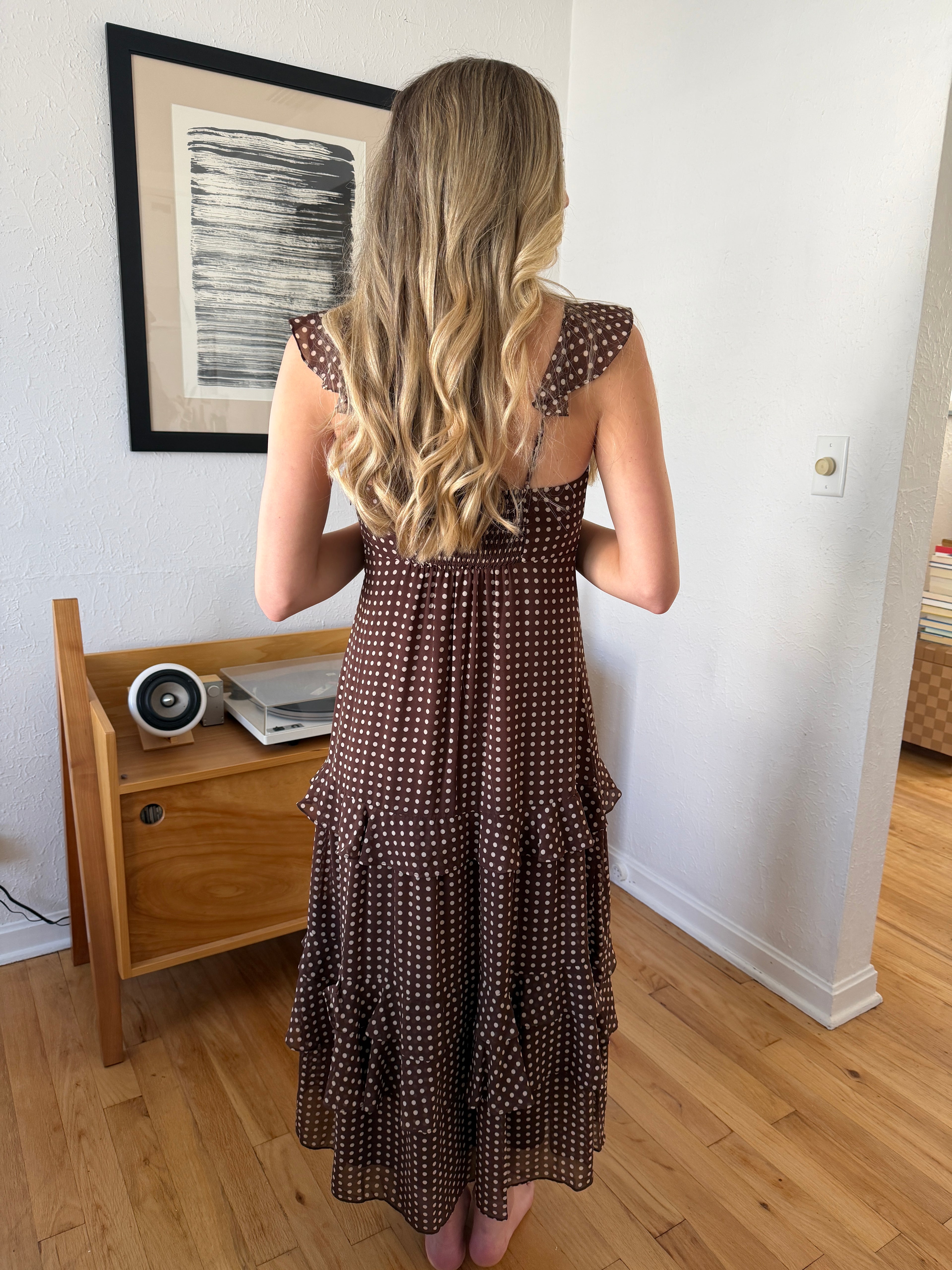 Lucy Paris Cassandra Brown Polka Dot Tiered Midi Dress