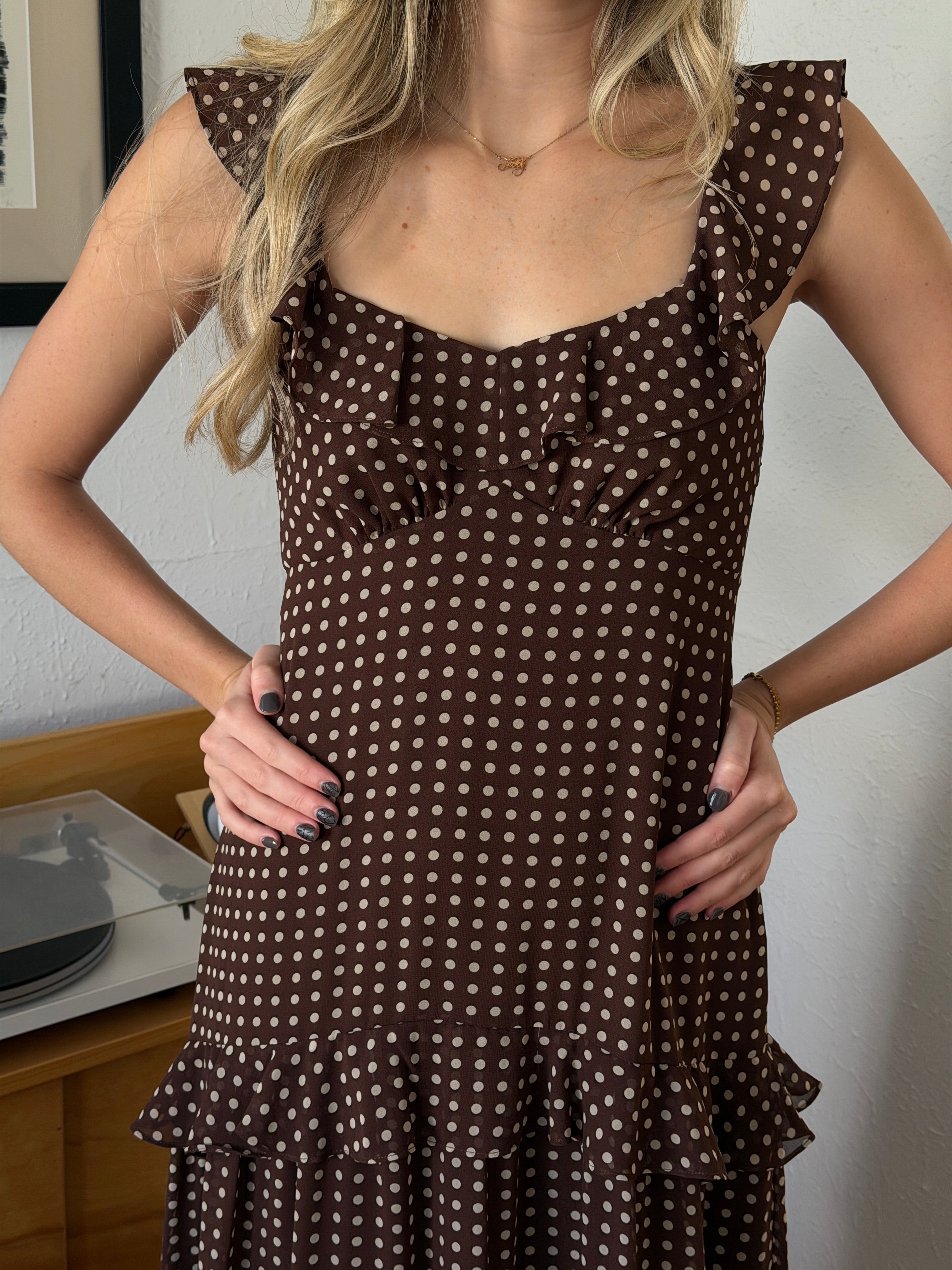 Lucy Paris Cassandra Brown Polka Dot Tiered Midi Dress