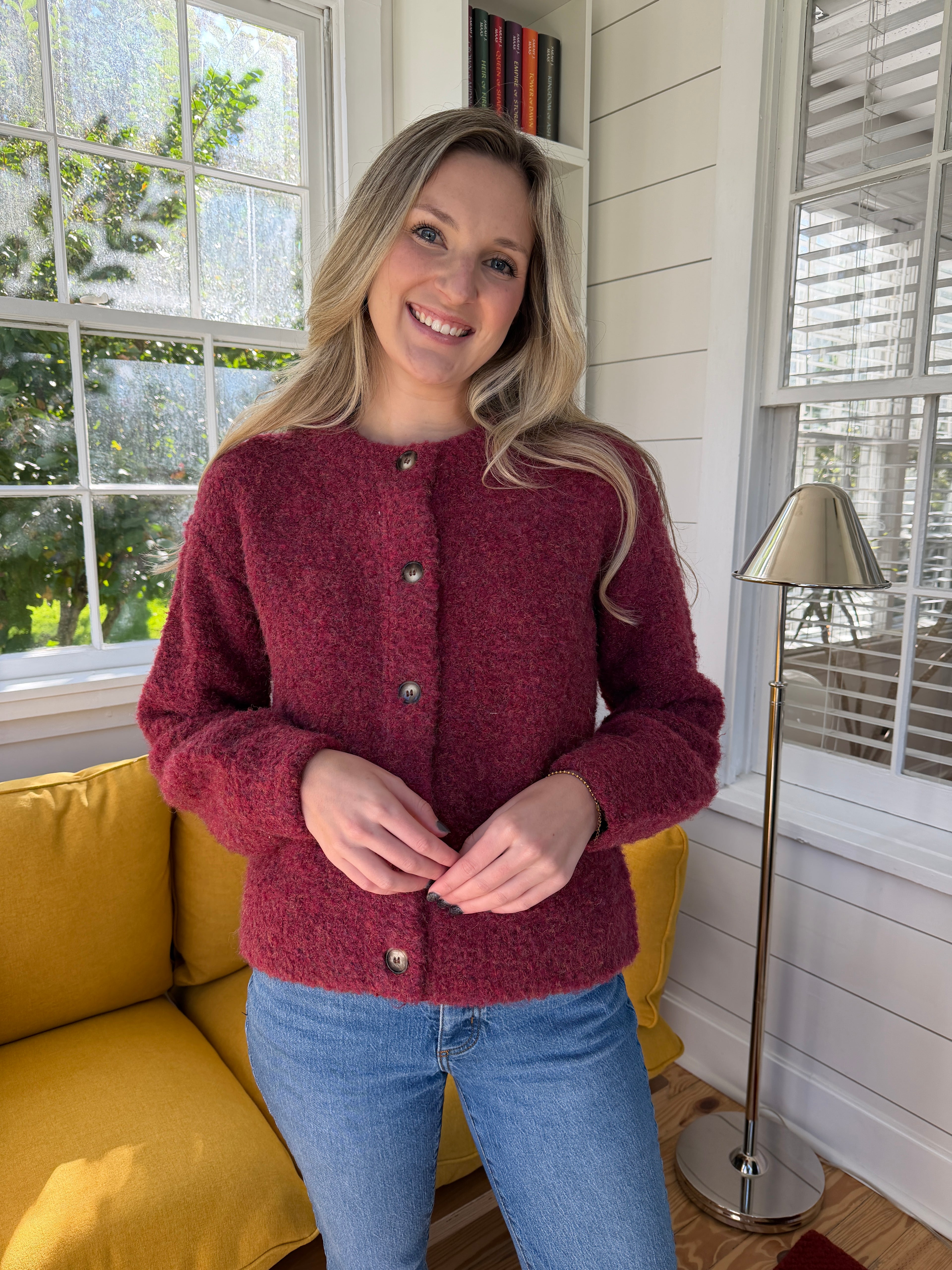 FRNCH Megane Bordeaux Maroon Buttoned Cardigan