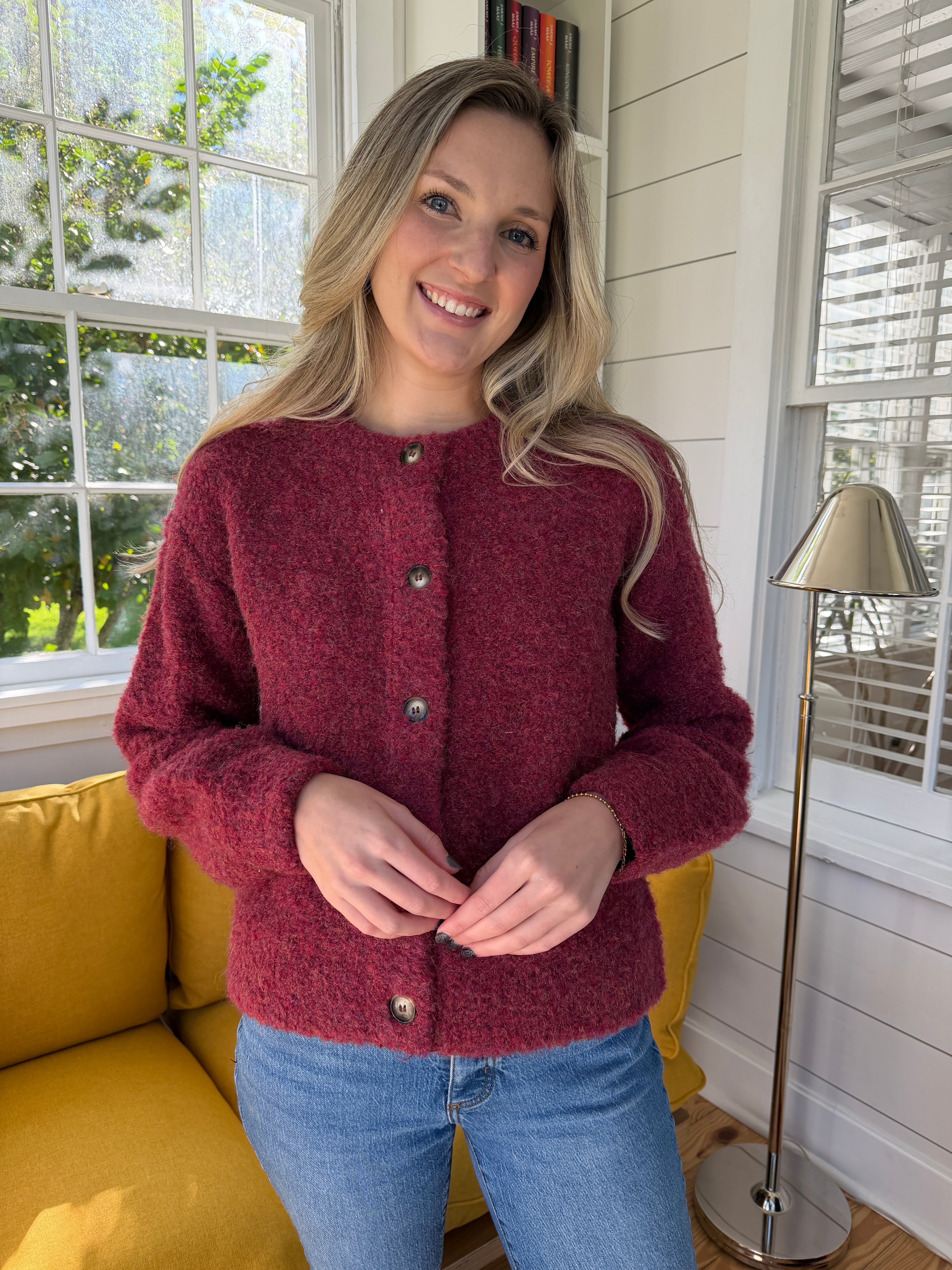 FRNCH Megane Bordeaux Maroon Buttoned Cardigan