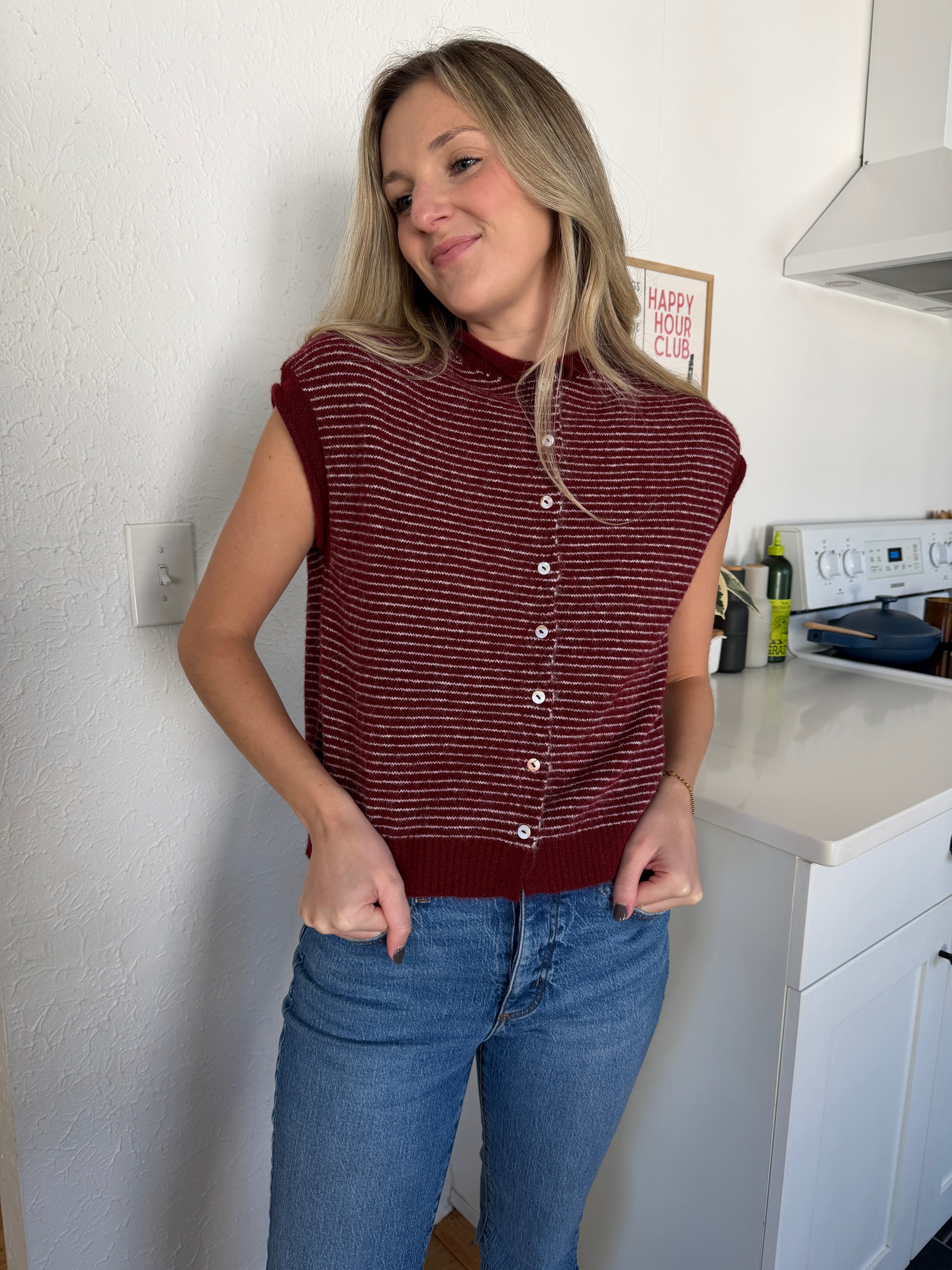 Things Between Piper Knit Short Sleeve Buttoned Top (Burgundy Stripe)
