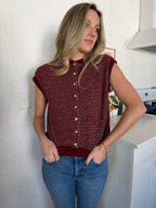 Things Between Piper Knit Short Sleeve Buttoned Top (Burgundy Stripe)