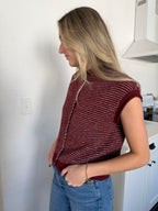 Things Between Piper Knit Short Sleeve Buttoned Top (Burgundy Stripe)
