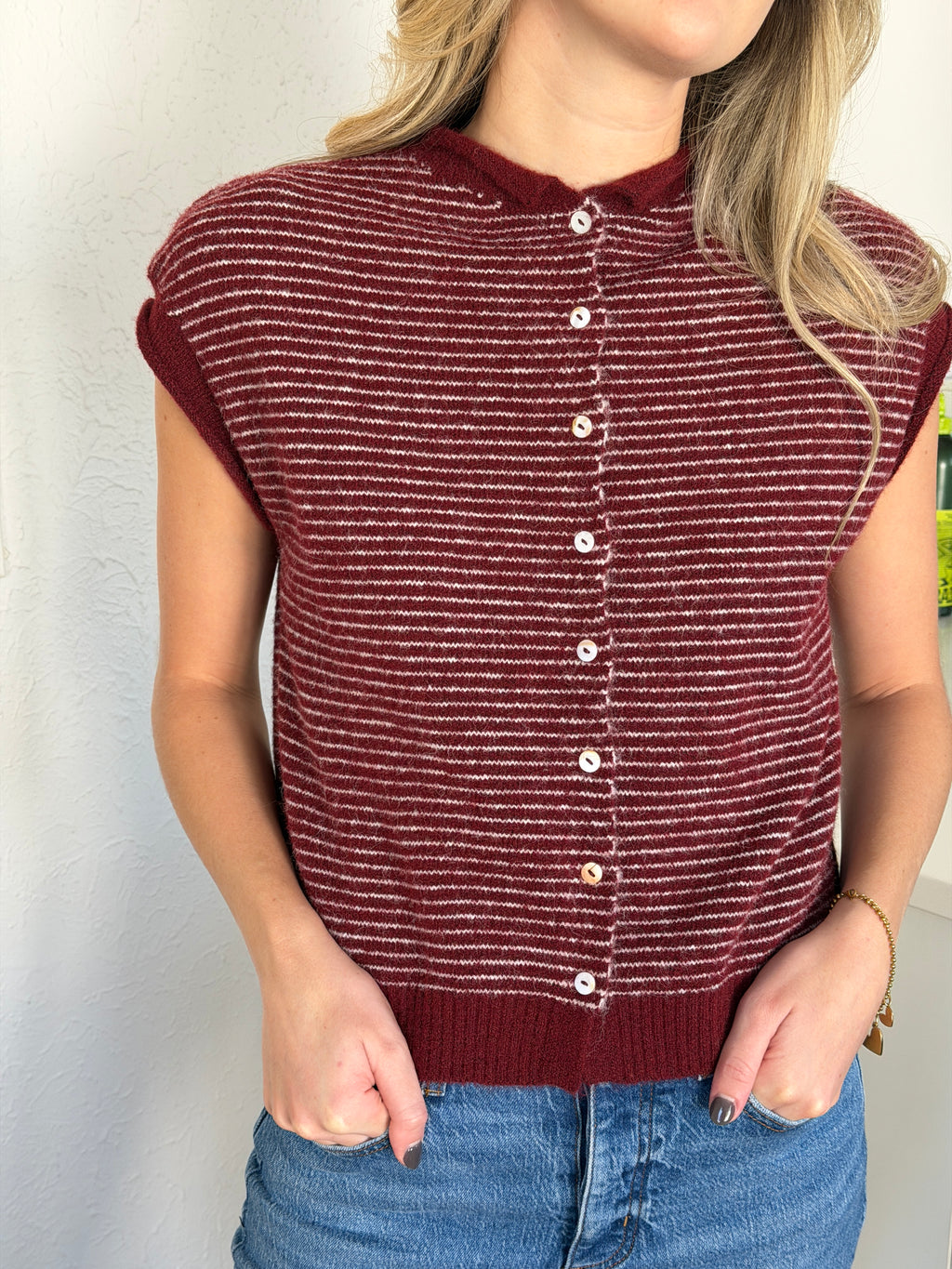 Things Between Piper Knit Short Sleeve Buttoned Top (Burgundy Stripe)