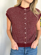 Things Between Piper Knit Short Sleeve Buttoned Top (Burgundy Stripe)