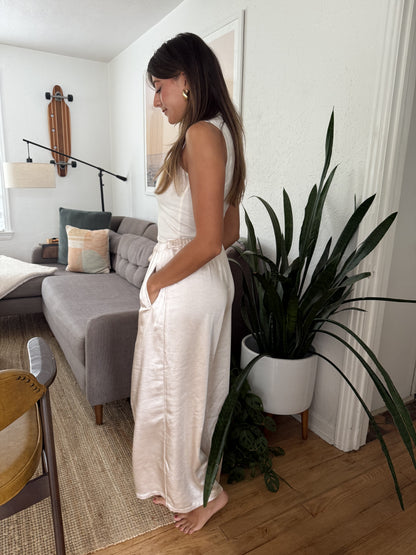 Gemma Satin Wide Leg Drawstring Pants (Cream)