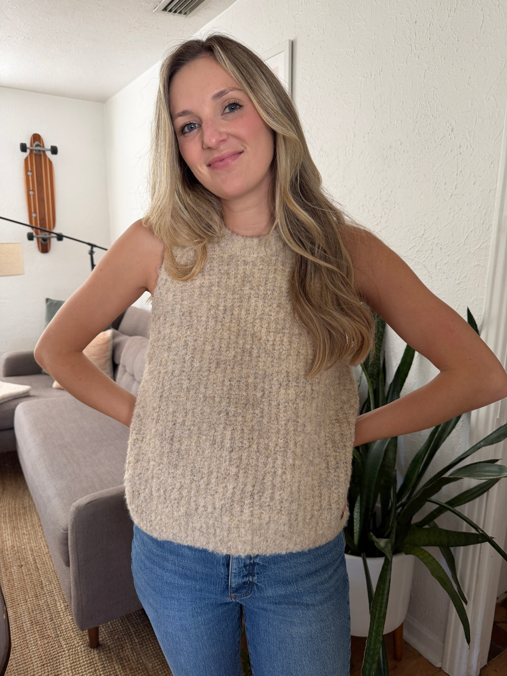 Viviane Cream Boucle Knit Tank Sweater Top